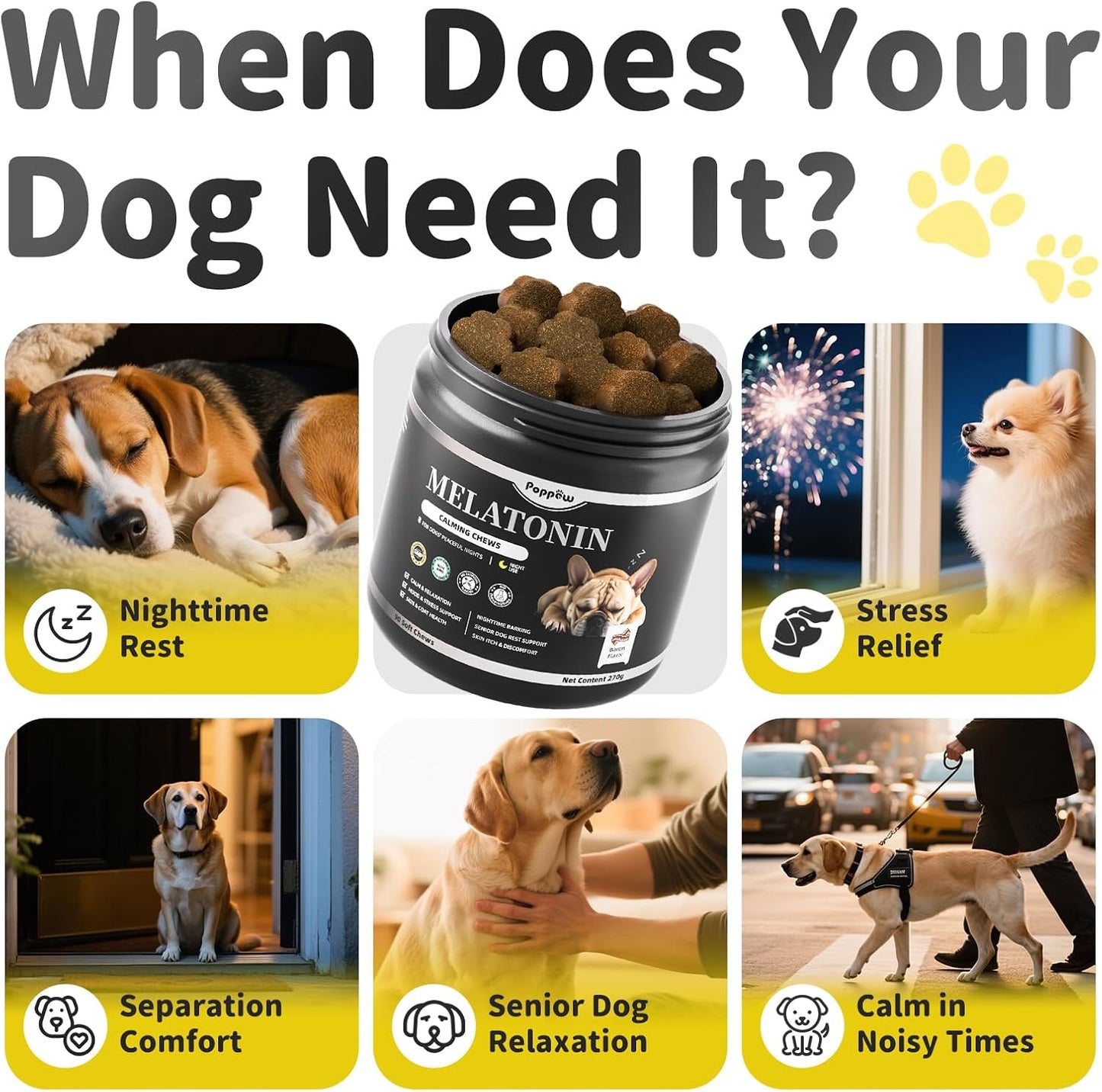 Melatonin for Dogs, Calming Chews with Valerian Root & L-Theanine for Sleep Aid & Emotional Support, Calming Treats for Stress Anxiety Relief - Thunder, Fireworks, Barking, Bacon Flavor, 90Ct