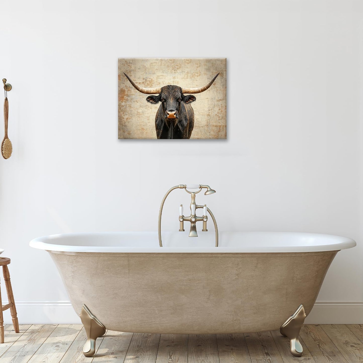 Rustic Highland Cow Pictures Wall Art, Farmhouse Longhorn Bull Bathroom Wall Decor Black Cow Framed Painting Canvas Artwork for Bathroom Bedroom Living Room Decorations 16"L x 12"W