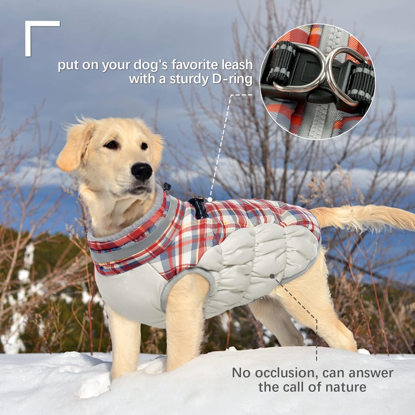 FUAMEY Dog Coat for Large Dogs,Waterproof Dog Winter Jacket with Harness Built in Puppy Cold Weather Coats Reflective Pet Vest with Zipper Warm Fleece Dogs Snowsuit Windproof Red Plaid XXL