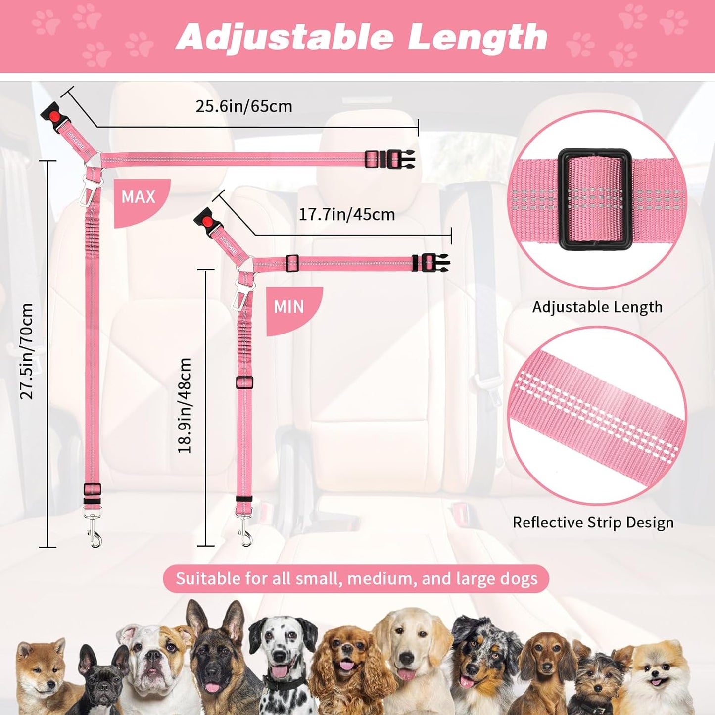 BWOGUE 2 Piece Dog Seat Belt for Car with Elastic Bungee Buffer Safety Seatbelt Car Headrest Restraint Wear Adjustable Metal Buckle Harness in Vehicle Travel for Pet