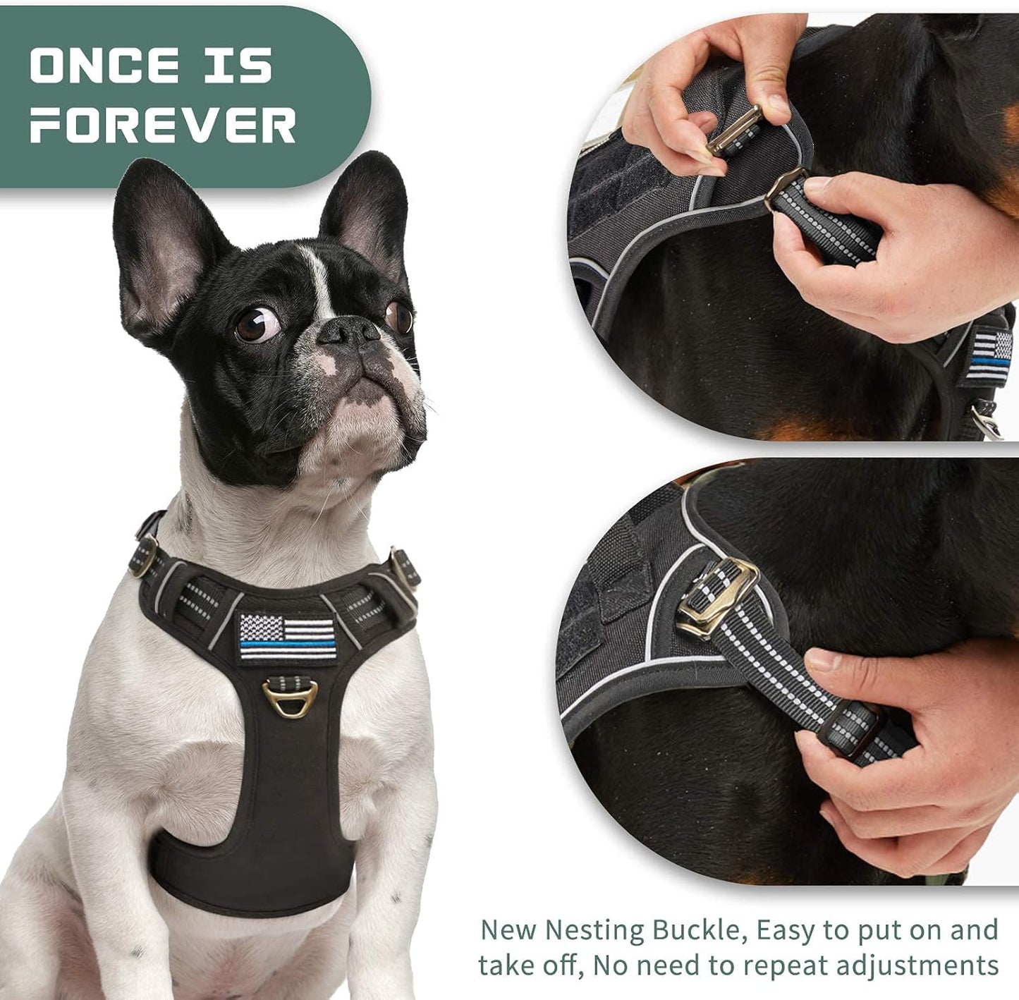 BUMBIN Tactical Dog Harness for Medium Dogs, No Pull, Reflective, Adjustable, Black, M(Neck:16-20", Chest:17-27")