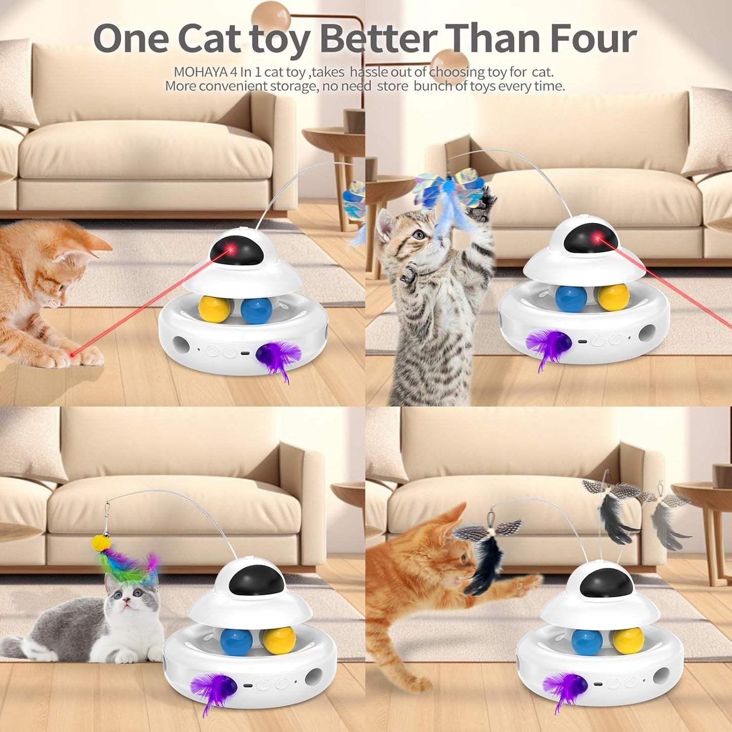Interactive Cat Toys for Indoor Cats,4-in-1 Automatic Kitten Toy,Motion Activated Electronic Fluttering Butterfly,Track Balls, Moving Feather Toys for All Breeds,USB Rechargeable