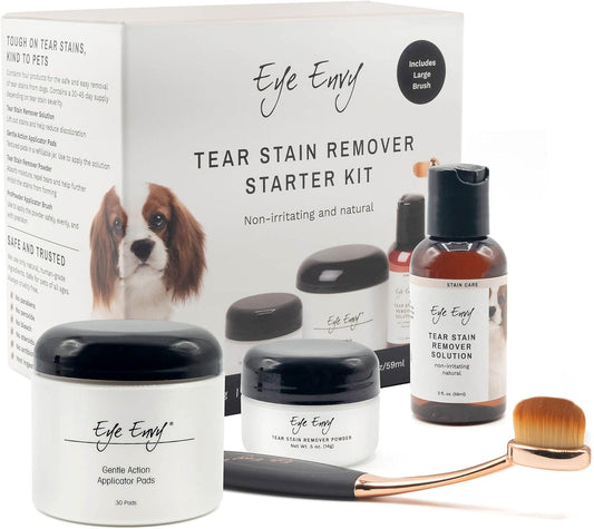 Eye Envy Dog Tear Stain Remover Starter Kit with ProPowder Brush | Stain Solution, Applicator Pads, Stain Powder and Large Applicator Brush | Lasts 30-45 Days