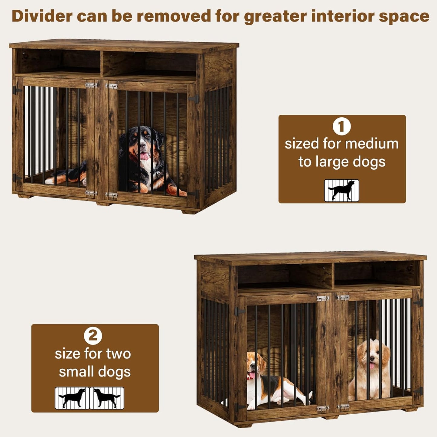 Furniture Dog Crate for 2 Dogs, 41 Inch Dog Kennel Furniture with Removable Divider and Shelf Storage, Wooden Dog Crate for Small/Medium Dogs, Rustic Brown