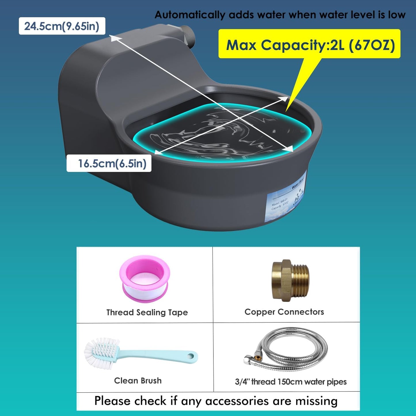 Automatic Water Dispenser for Dogs, Patented 2L Dog Water Bowl Dispenser, Automatic Chicken Waterer Fit 3/4'' GHT Faucet, Water Hose, Copper Connector Outdoor Dog Water Bowl for Livestock Animal