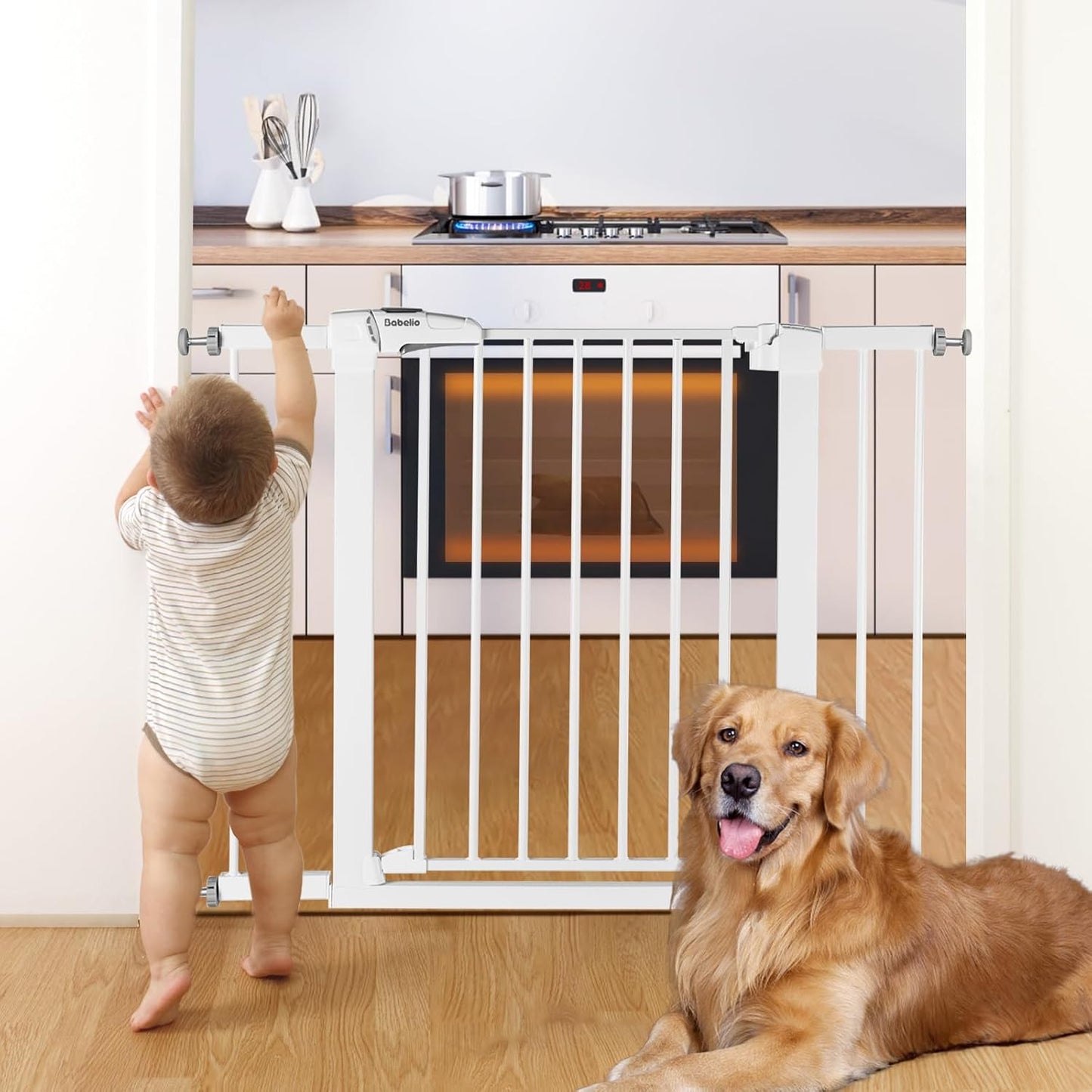 Babelio Metal Baby Gate, 29-43" Auto Close Easy Install Pet Gate, Extra Wide Walk Thru Child Safety Gate, 30" Tall Pressure Mounted Dog Gate for Doorways & Stairs, White