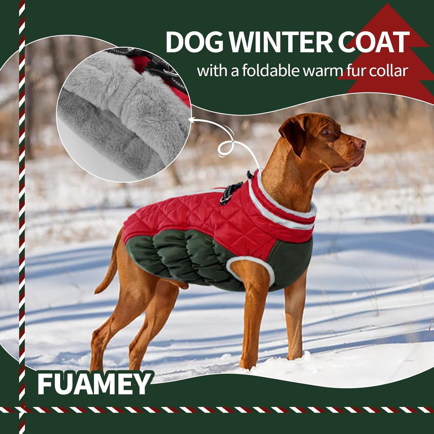 FUAMEY Dog Coat for Large Dogs,Waterproof Dog Winter Jacket with Harness Built in Puppy Cold Weather Coats Reflective Pet Vest with Zipper Warm Fleece Dogs Snowsuit Windproof Christmas L
