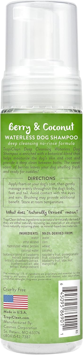 TropiClean No Rinse Waterless Dog Shampoo | Detangling and Deodorizing Dry Shampoo for Smelly Pets | Moisturizes Dry Skin | USA Made | Berry Scent | 7.4oz