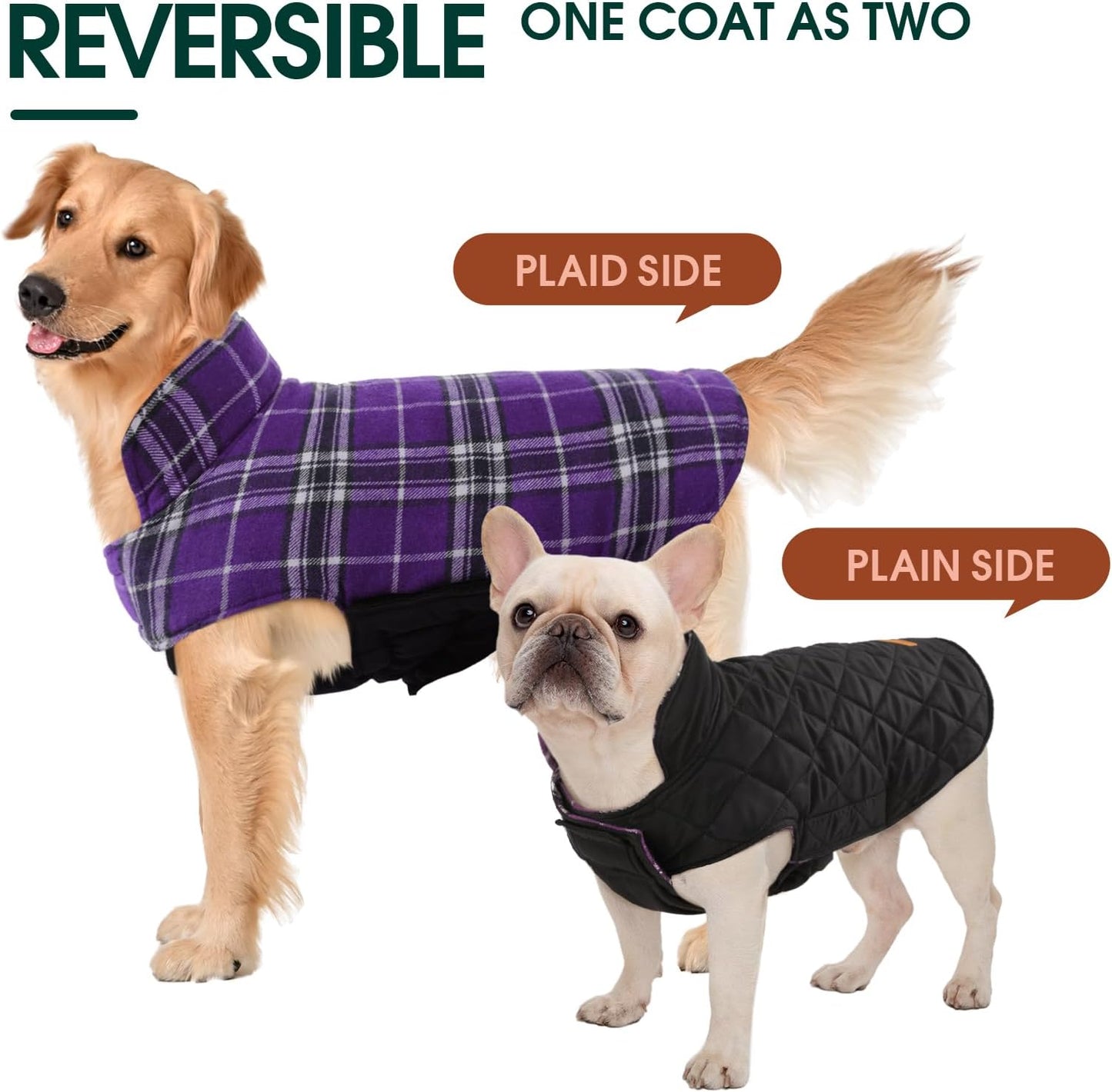 Kuoser Waterproof Dog Coat, Reversible Dog Jacket for Small Dogs, Adjustable Durable Doggie Winter Coat Warm Cozy Puppy Cold Weather Apparel from Small to Large Breed, Purple S