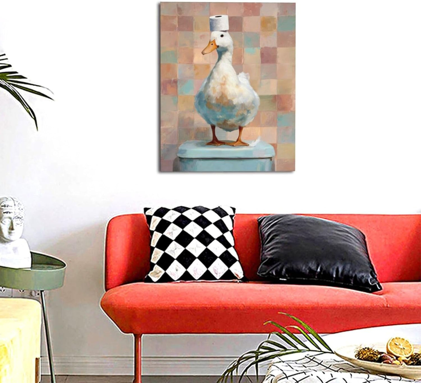 Funny Duck Bathroom Wall Art Cute Duck on Toilet Canvas Wall Decor Funny Quirky Farm Animal Pictures Painting Print Framed Artwork Decorations Gifts for Bathroom 16"x20"
