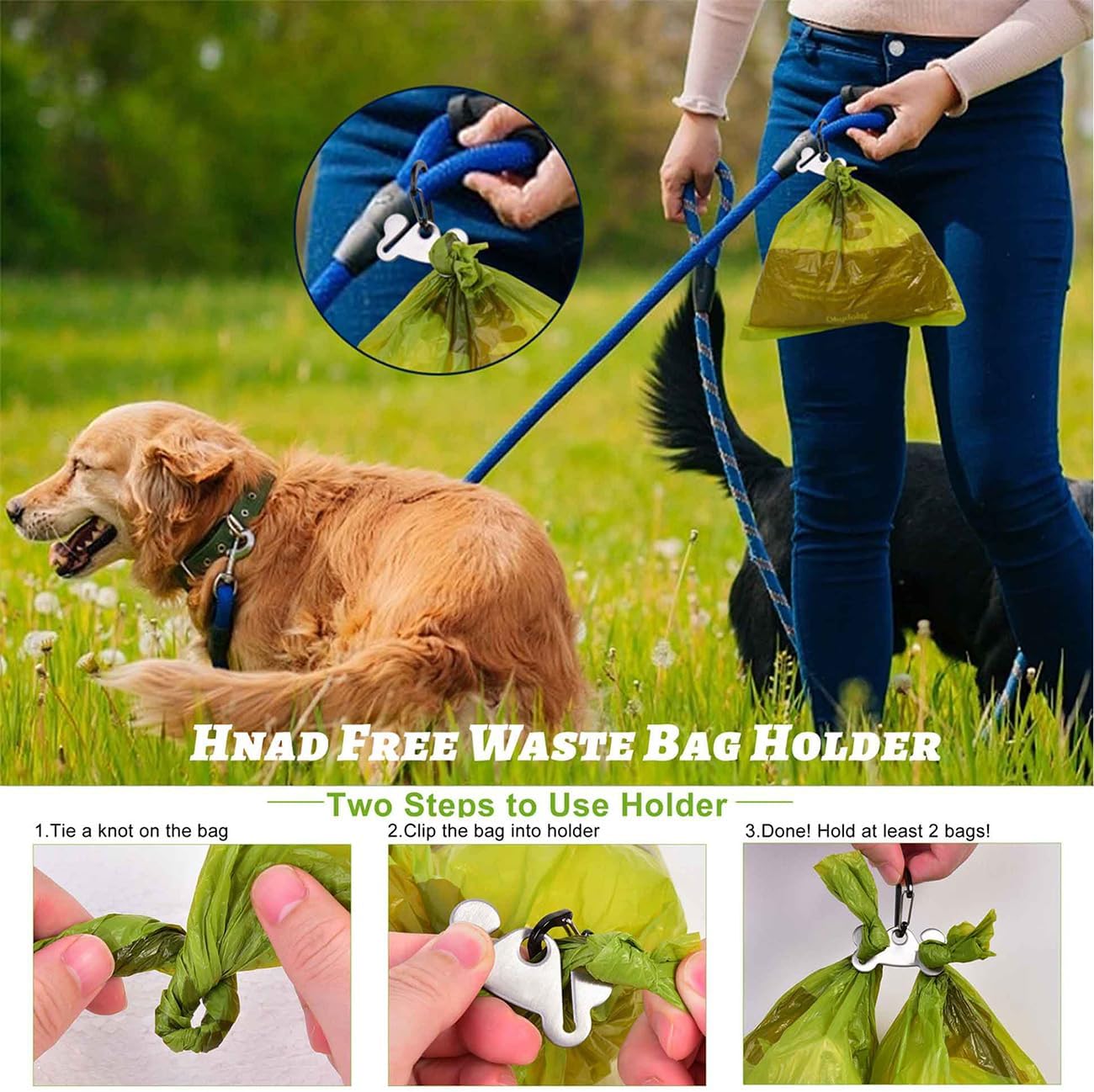 2 Pack Dog Poop Bag Holder for Leash Attachment - Waste Bag Dispenser for Leash - Fits Any Dog Leash - Portable Set with Hand Free Holder Metal Carrier, Black Round Shape