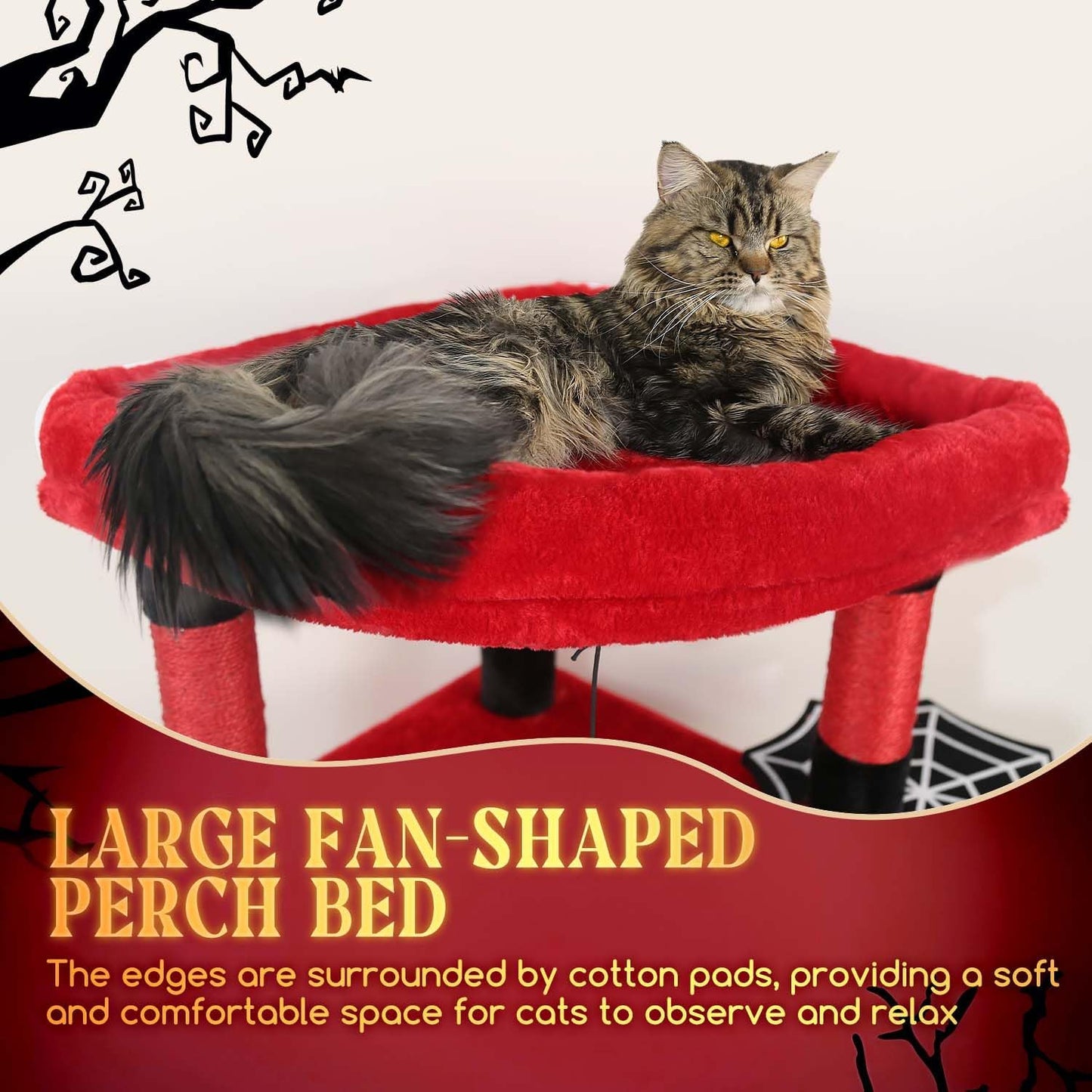 Globlazer Gothic Corner Cat Tree Tower with Scratching Post for Indoor Cats, 51inch Goth Cat Condo Tower with Large Hammock, Fan-Shaped Padded Perch, Spacious Cat Cave, Hanging Basket, C51, Red Black