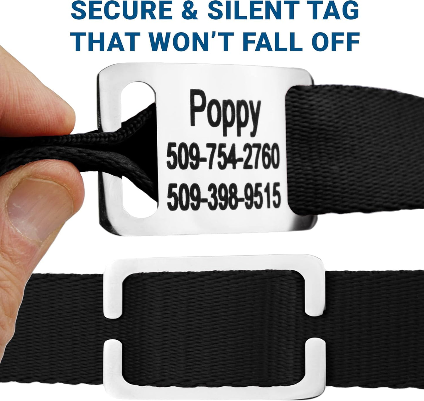 GoTags Personalized Dog Collar with Nameplate, Adjustable Dog Collar with Custom Engraved Slide On Pet ID Tag in Stainless Steel, Silent, No Noise Dog Tag for Large Medium and Small (Black, X-Small)