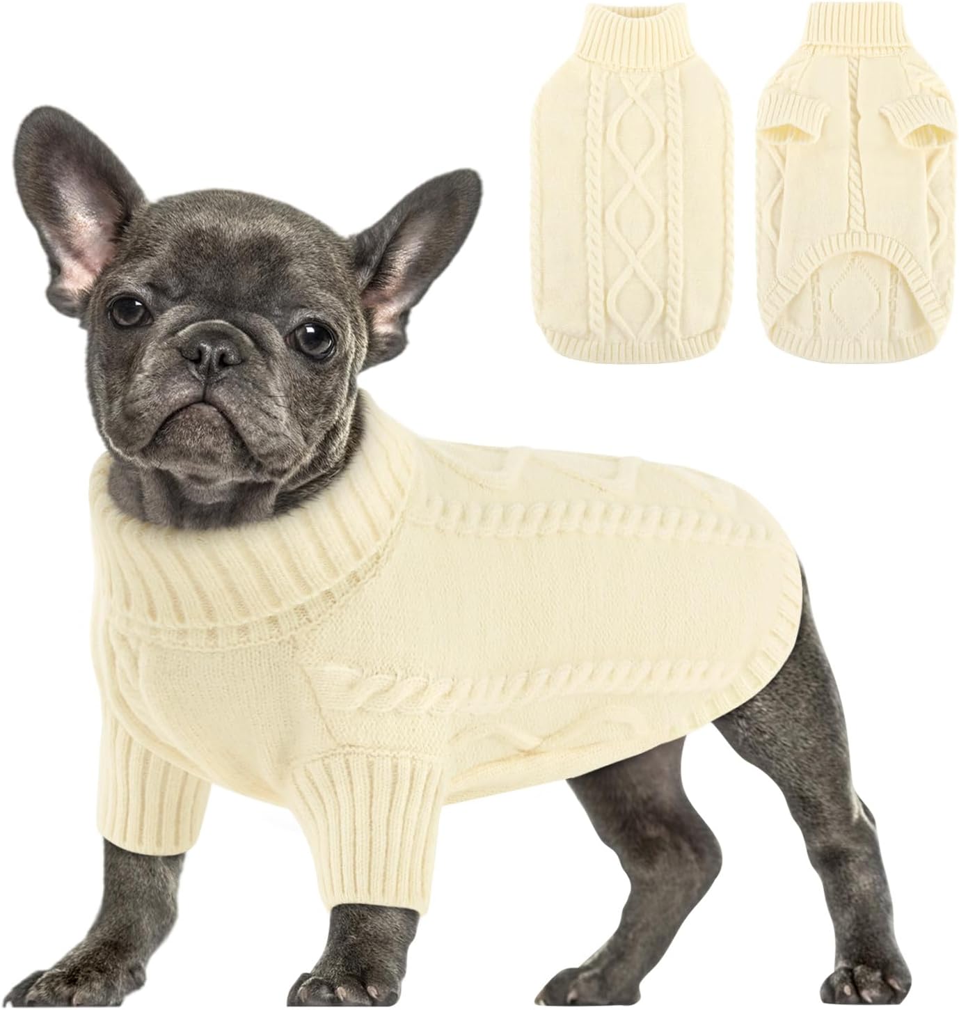 Queenmore Small Dog Pullover Sweater, Cold Weather Cable Knitwear, Classic Turtleneck Thick Warm Clothes for Chihuahua, Bulldog, Dachshund, Pug (White, Large)