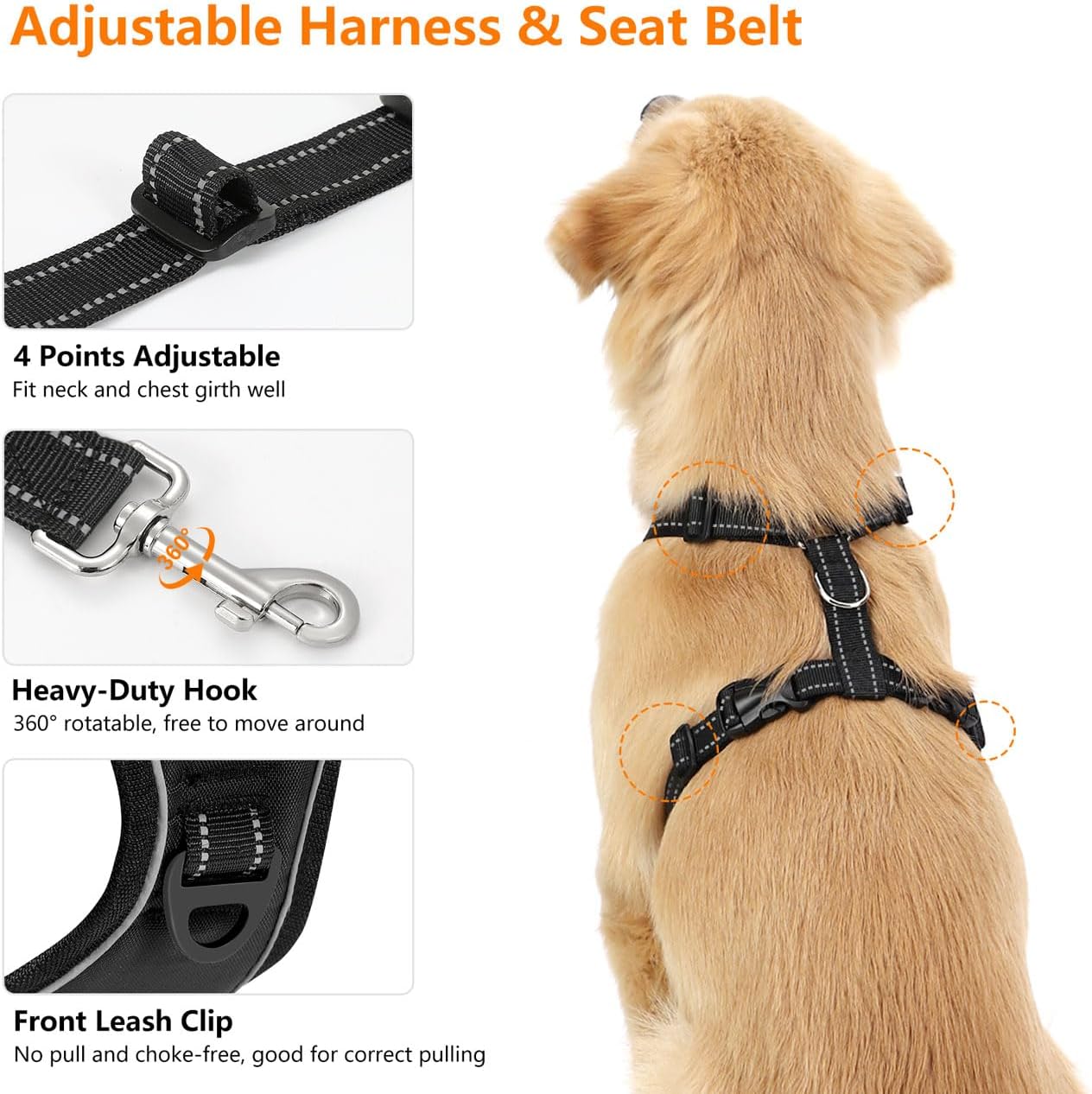 Dog Seat Belt Harness for Car, Dog Car Harness Adjustable Mesh Breathable & Dogs Seatbelt Safety Tether with Elastic Bungee for Small Medium Large Pets(Carbon Black, L)