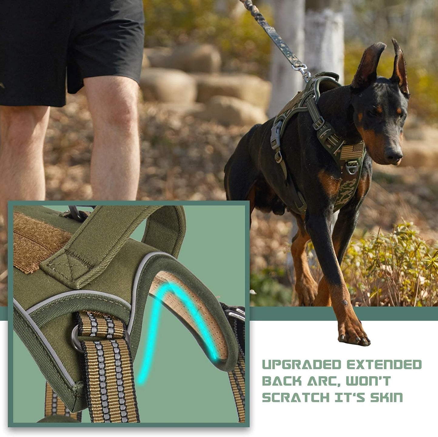BUMBIN Tactical Dog Harness for Large Dogs, No Pull, Reflective, Green, L(Neck:19-25", Chest:21-35")