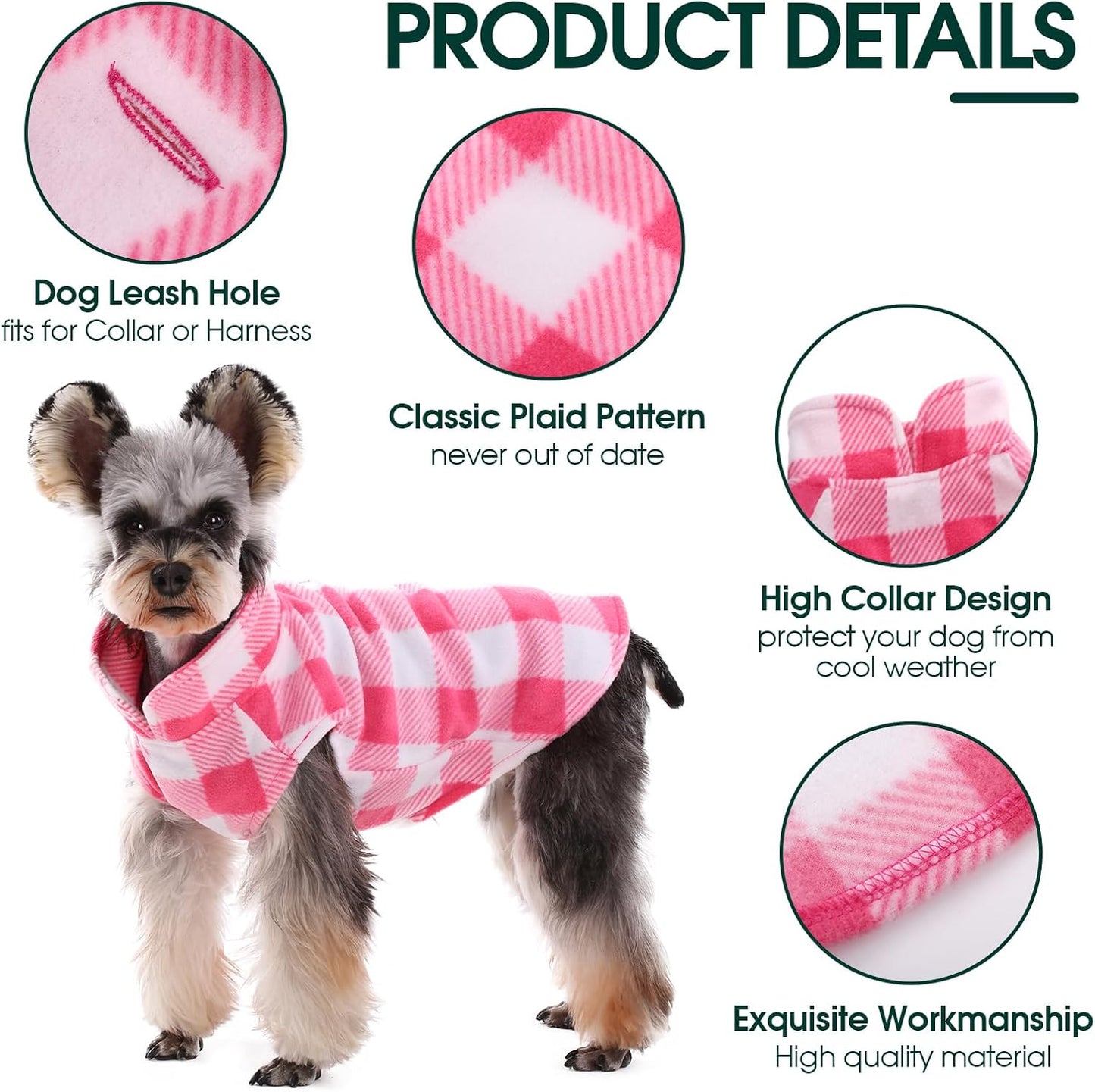 Kuoser Dog Fleece Vest,Warm Plaid Dog Sweater with Leash Hole,Soft Turtleneck Winter Pet Jacket Dogs Coat Pullover Clothes for Small Medium Dogs Cats,Spring Fall Cold Weather Christmas Outfit,Pink S
