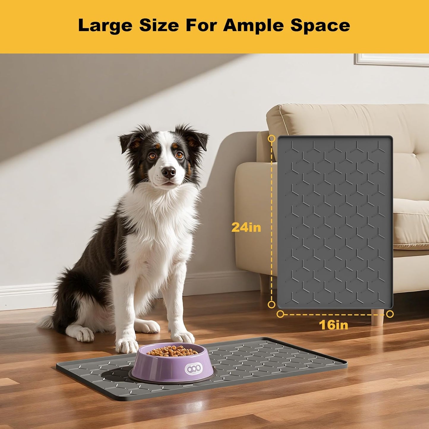 Pieviev Dog Cat Food Bowl Mat, Silicone Waterproof Food Grade Pet Food Mat for Floor, High Raised Edge to Prevent Spills, Non-Slip & Easy Clean Pet Placemat for Dog & Cat Bowls, 24''x16'', Dark Gray