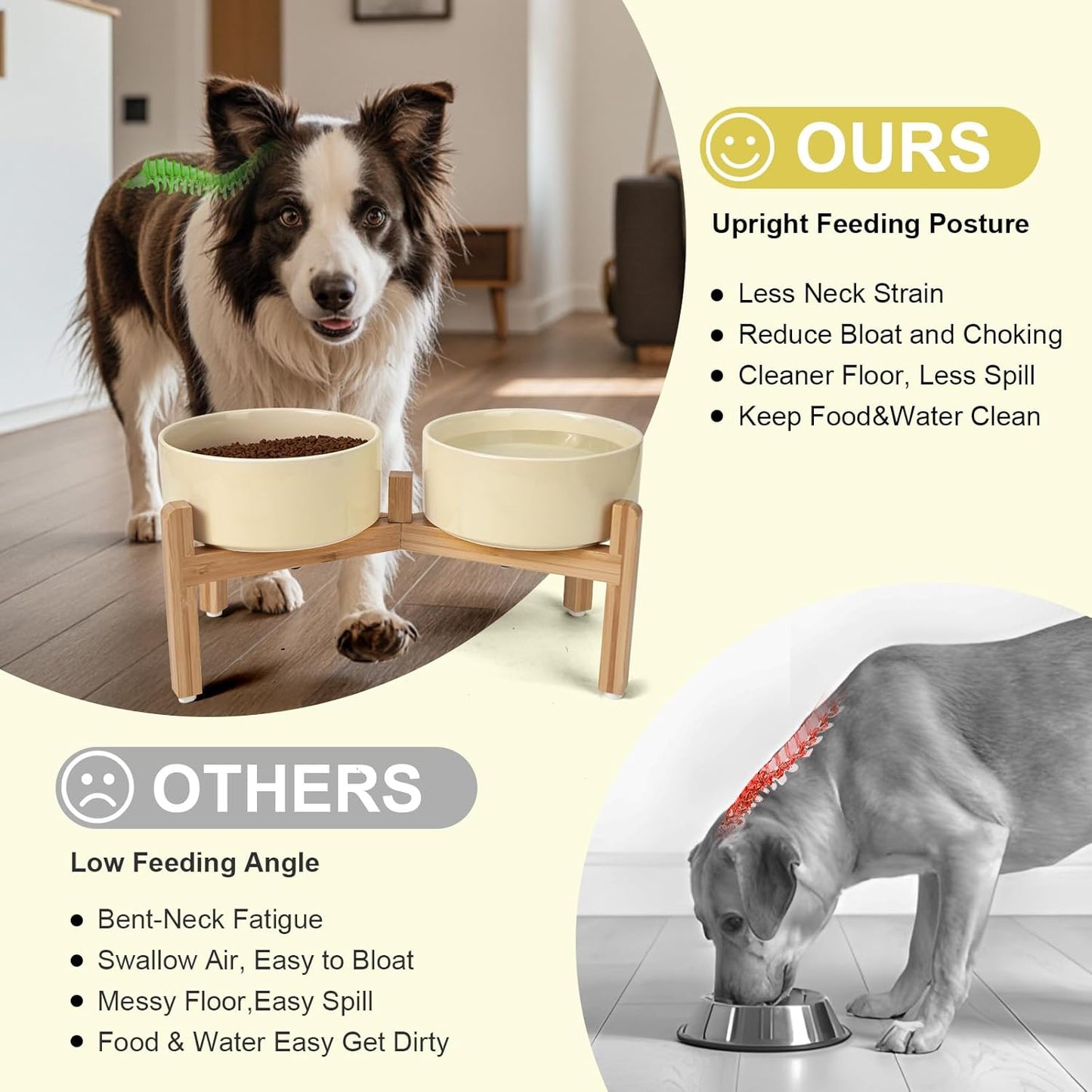 SPUNKYJUNKY Elevated Dog Bowls Ceramic, 7.3'' Dogs Food Water Bowls Raised with Non-Slip Bamboo Stand for Medium to Large Sized Breed Microwave Dishwasher Safe - 42 OZ,Beige