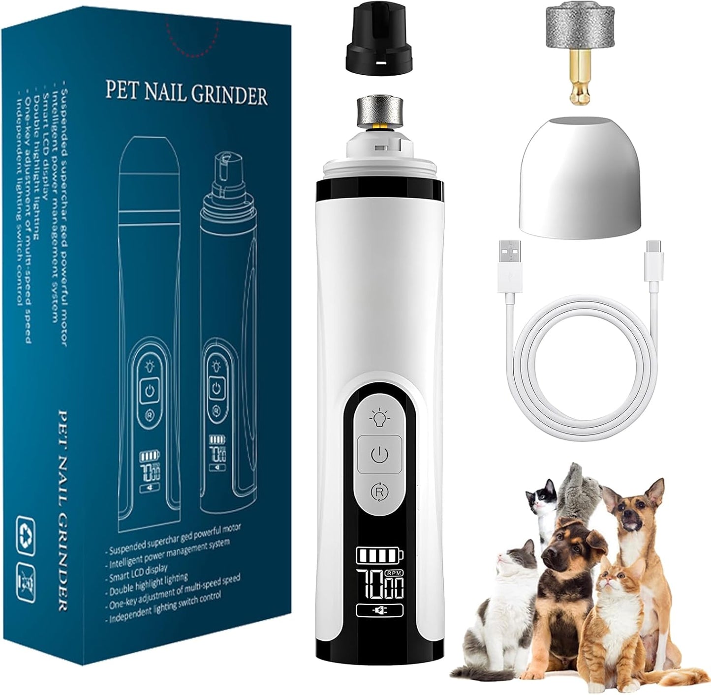 Heusom Silent Groom Pro Nail Grinder Cordless for Small Large Dogs - 3 Speeds Quiet Cat Dog Nail Trimmer with 2 LED Lights, 2000mAh Rechargeable for Thick Nails with Replacement Heads (1pc+1 Head)