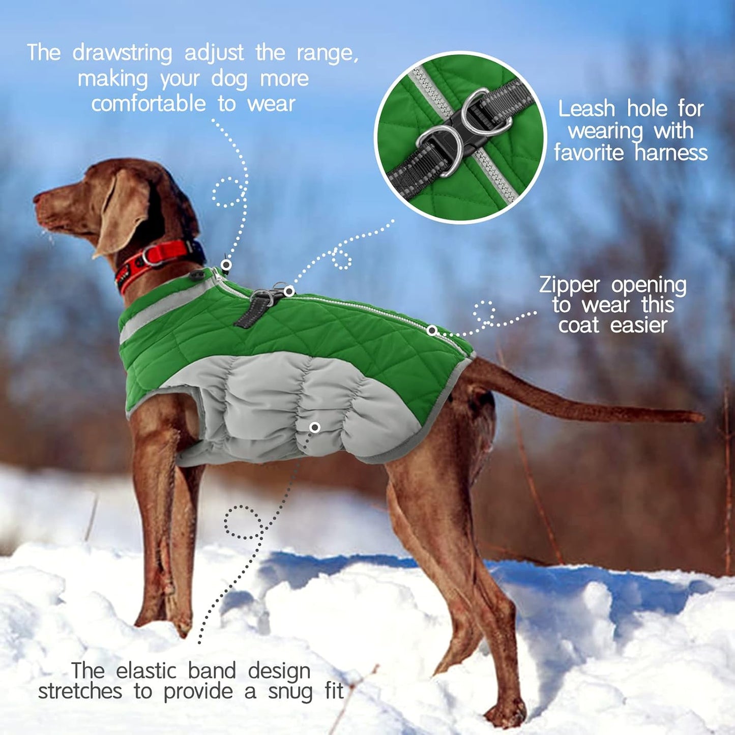 FUAMEY Dog Coat for Medium Dogs,Waterproof Dog Winter Jacket with Harness Built in Puppy Cold Weather Coats Reflective Pet Vest with Zipper Warm Fleece Dogs Snowsuit Windproof Green M