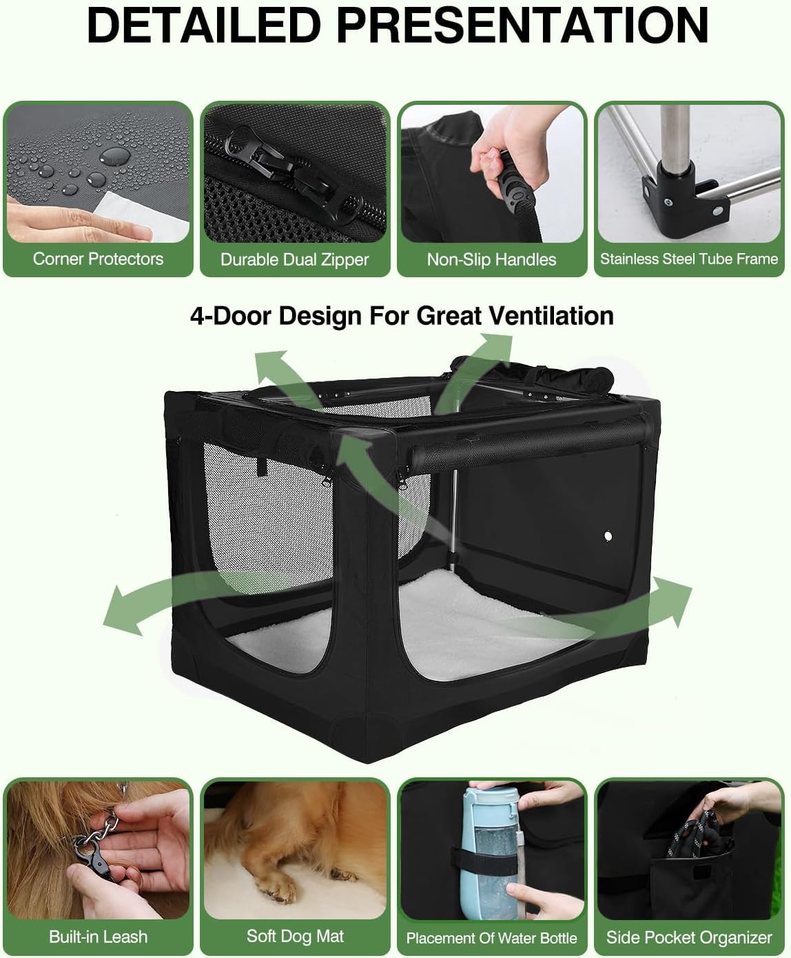 30 Inch Collapsible Travel Dog Crate for Medium Large Dogs, Portable Dog Crate 4-Door Foldable Soft Kennel with Durable Mesh Windows for Indoor & Outdoor Travel, with Storage Bag,Black