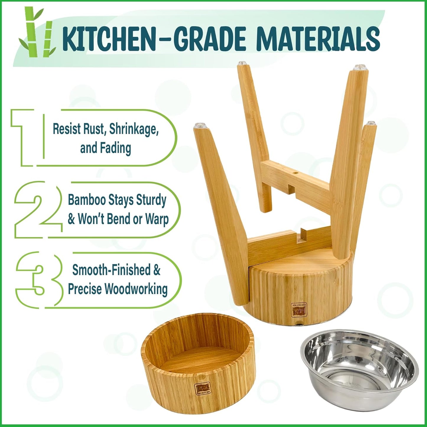 Elevated Dog Bowls for Large Breed - (15-Inch Tall, 74-oz Cap), Deter Ants and Bugs - Raised Single Feeder, Suitable for Dry and Wet Pet Foods - Bamboo with Stainless Steel Dish