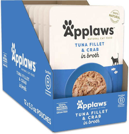 Applaws Natural Wet Cat Food in Broth, Limited Ingredient Wet Cat Food Pouches, No Additives, Made with Natural Ingredients, Tuna Fillet with Crab in Broth (12 x 5.3oz Pouches)