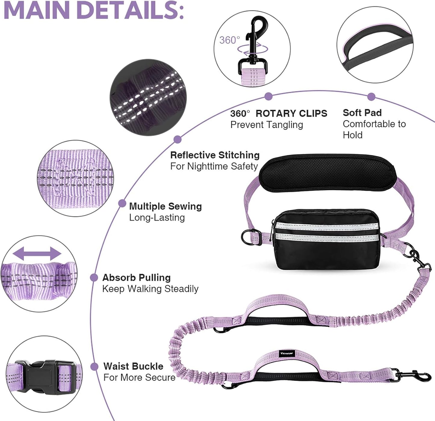 Hands Free Dog Leash, Adjustable Waist Belt with Double Padded Handles,Retractable Bungee, Waist Leash for Dog Walking,Running, No Pull,Purple