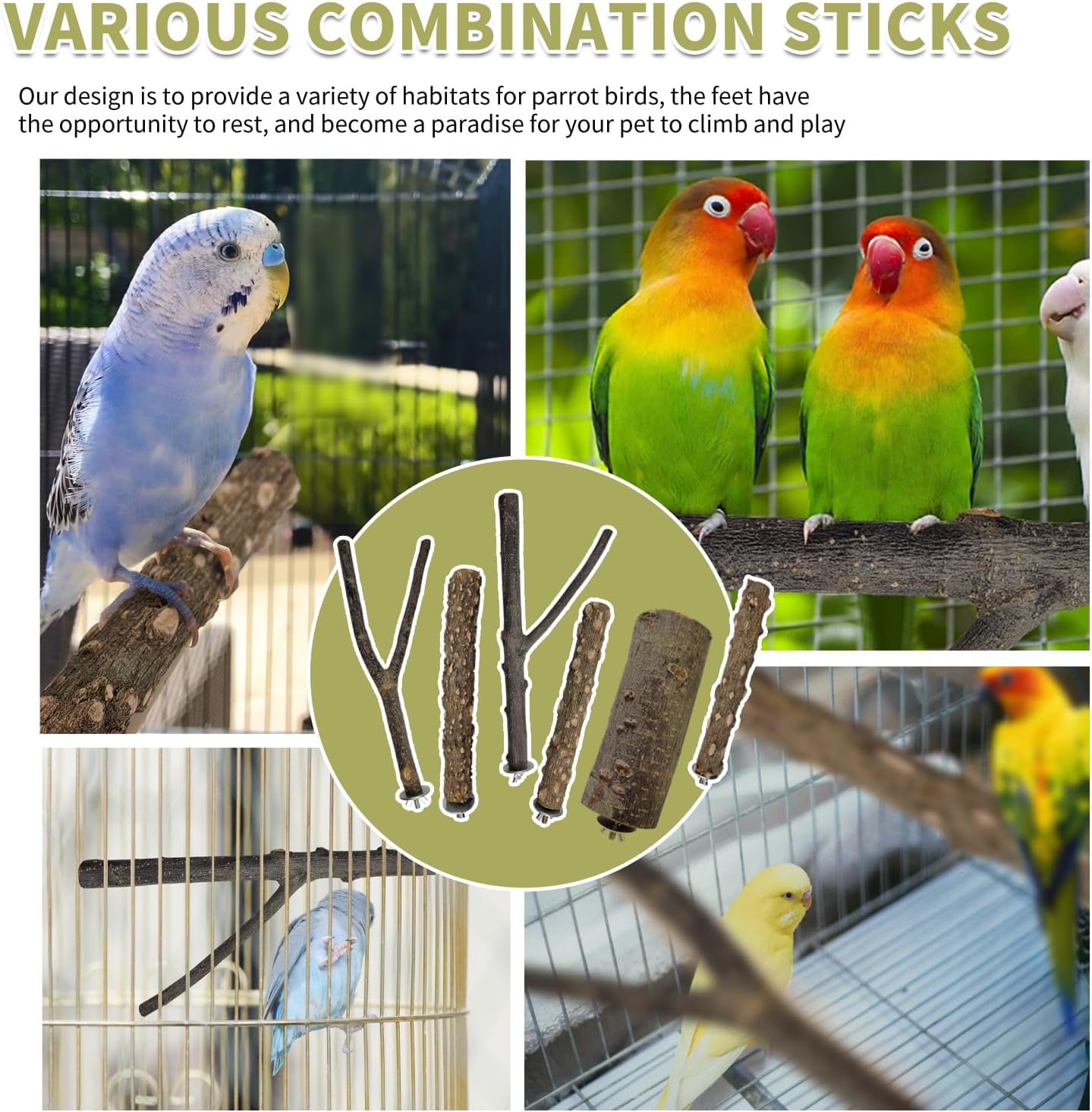 Bird Toys, Natural Parrot Toys for Small Macaws, Budgies, Lovebirds, Finches, Small and Medium Sized Birds Peppercorn Wood Apple Tree Perch Wood Set