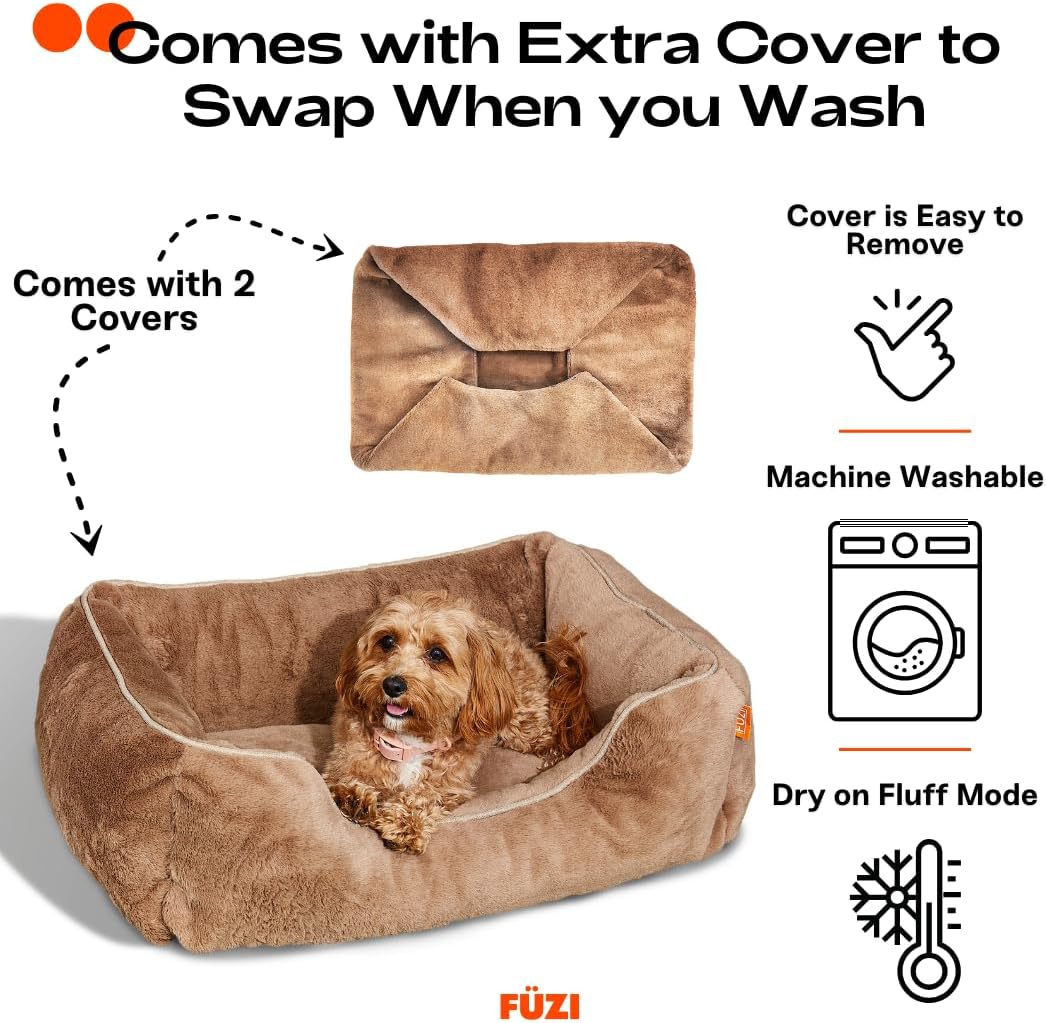 FUZI Luxury Dog Bed with Extra Cover for Small Dogs, Washable Pet Couch, Pet Bed with Sides, Non-Slip Bottom, Soft & Durable Calming Dog Bed, Faux Rabbit Fur, Small 25.1x16.75x9.5 Light Brown