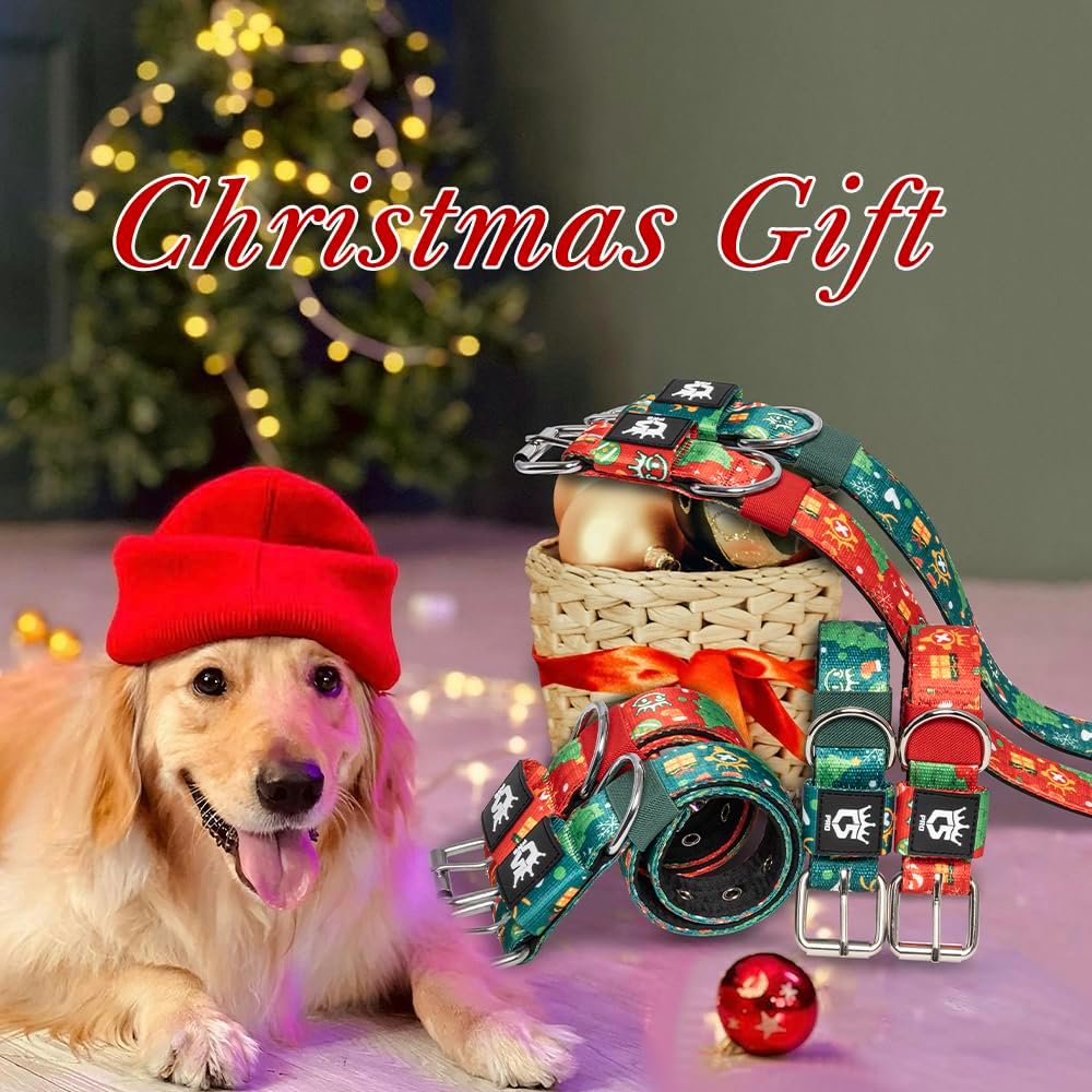 TSPRO Tactical Dog Collar 1.5 Inch Wide Thick Dog Collars with Heavy Duty Metal Buckle, Durable, Strong, Adjustable for Medium to Large Dogs (Christmas Red M)