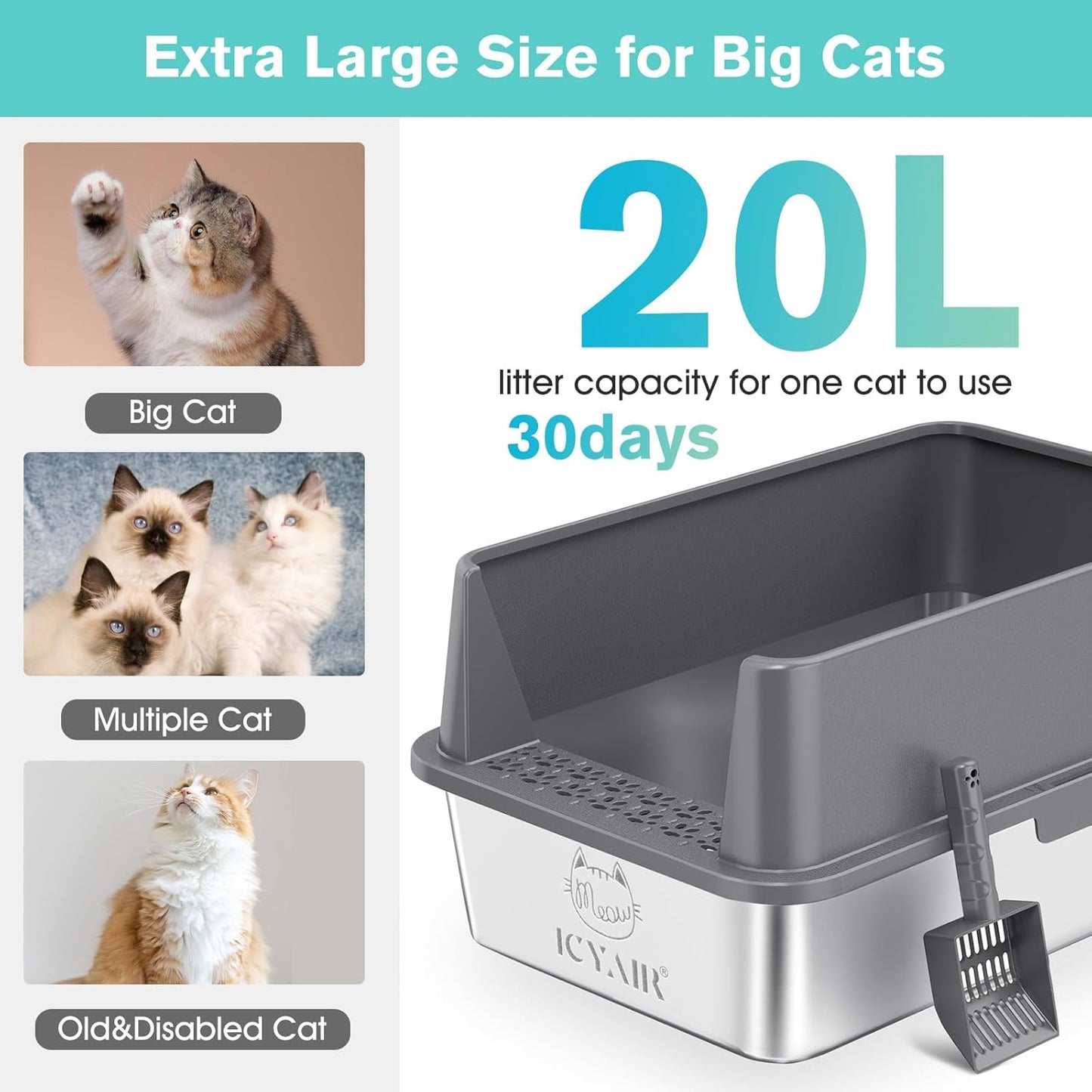 Stainless Steel Cat Litter Box with High Sides Lid, Extra Large XL Litter Box for Big Cats,Enclosed Metal Kitty Litter Pan with Anti-Leakage Enclosure, Non-Stick, Odorless,Scoop Included (Dark Grey)…
