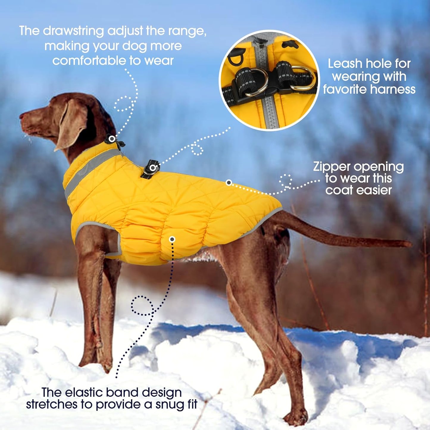 FUAMEY Dog Coat for Large Dogs,Waterproof Dog Winter Jacket with Harness Built in Puppy Cold Weather Coats Reflective Pet Vest with Zipper Warm Fleece Dogs Snowsuit Windproof Yellow L