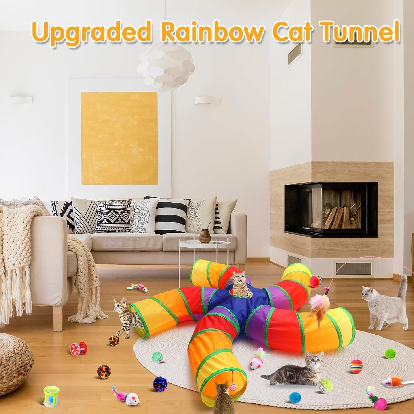 Poen 21 Pcs Cat Tunnel for Indoor Set Collapsible 5 Way Tubes with 20 Pcs Cat Kitten Toys Interactive Feather Toy Mouse Crinkle Balls Tube for Puppy Kitten Rabbit(Colorful)