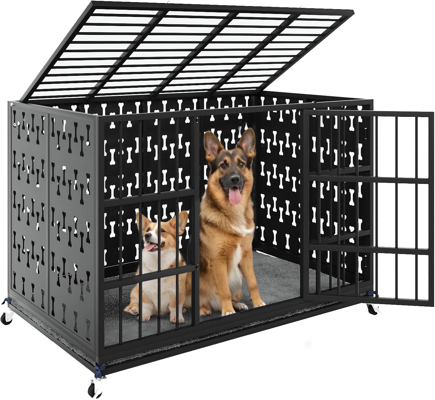 LEMBERI 48/42 inch Indestructible Heavy Duty Dog Crate, High Anxiety Extra Large Dog Cage for Large Dogs, XL Steel Escape Proof Dog Kennel with Cushion and Wheels (Black, 42.5''L*29.9''W*34.46''H)