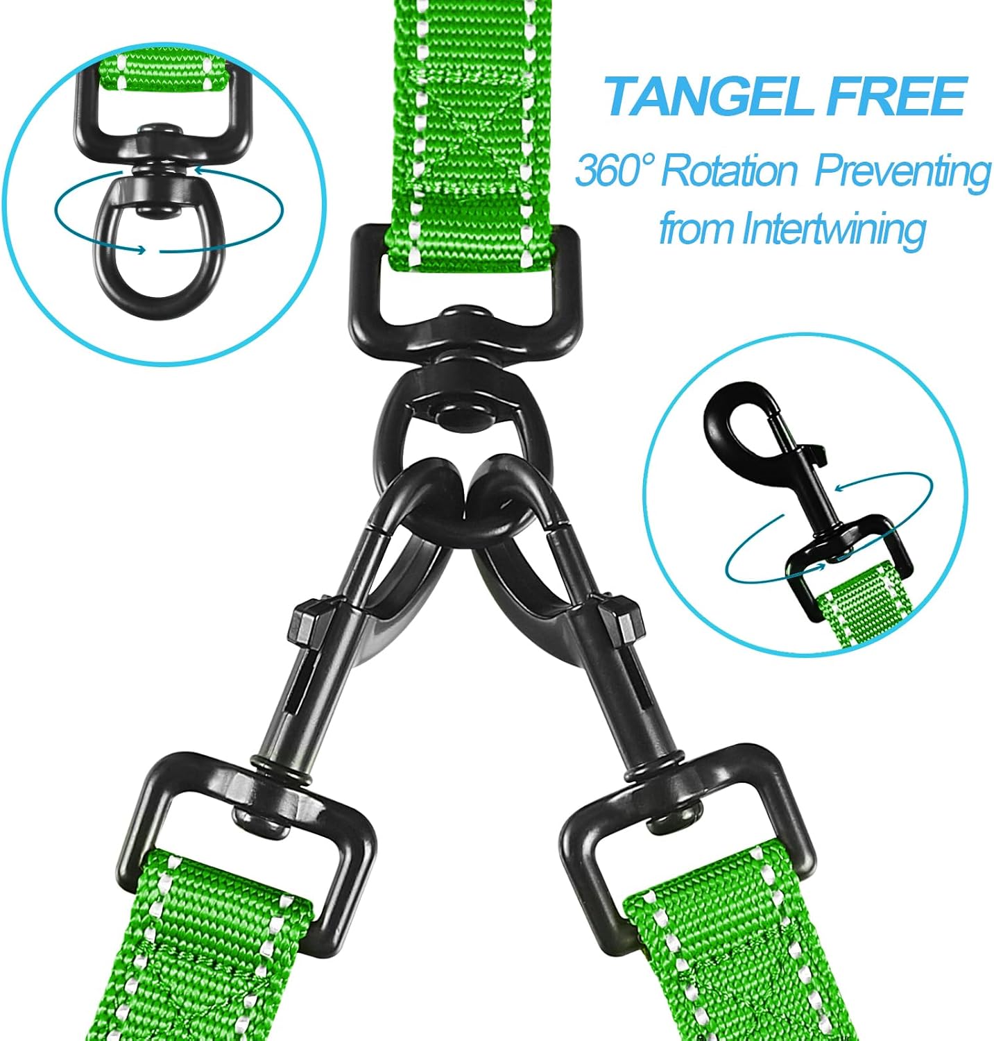 PetBonus Double Dog Leash, No Tangle Dual Leash, Reflective Walking Training Lead, 4 Comfortable Padded Handles for 2 Dogs with Collapsible Bowl and Waste Bags (Grass Green, Large)