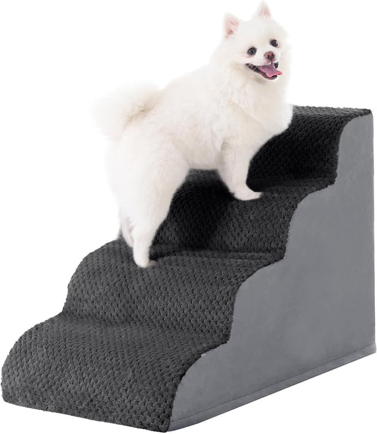 MIHIKK Dog Stairs Ramp, Curved 4-Step Dog Steps for Small Dogs and Cats, Pet Stairs for High Beds and Couch with Anti-Slip Washable Cover and Durable High Density Foam, Dark Grey