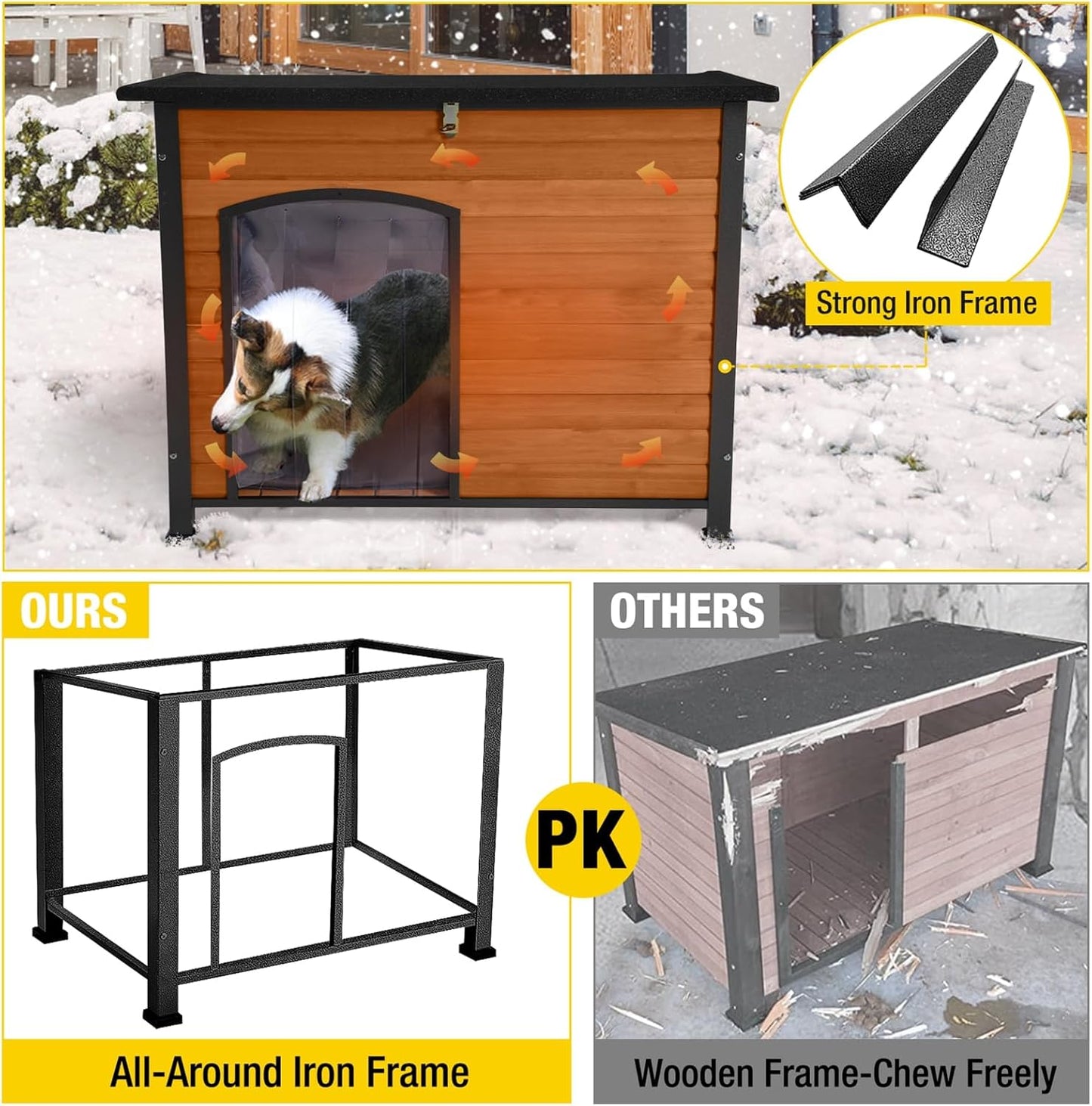 Insulated Outdoor Dog House with Liner for Winter Wooden Dog Kennel with All-Around Iron Frame,Waterproof