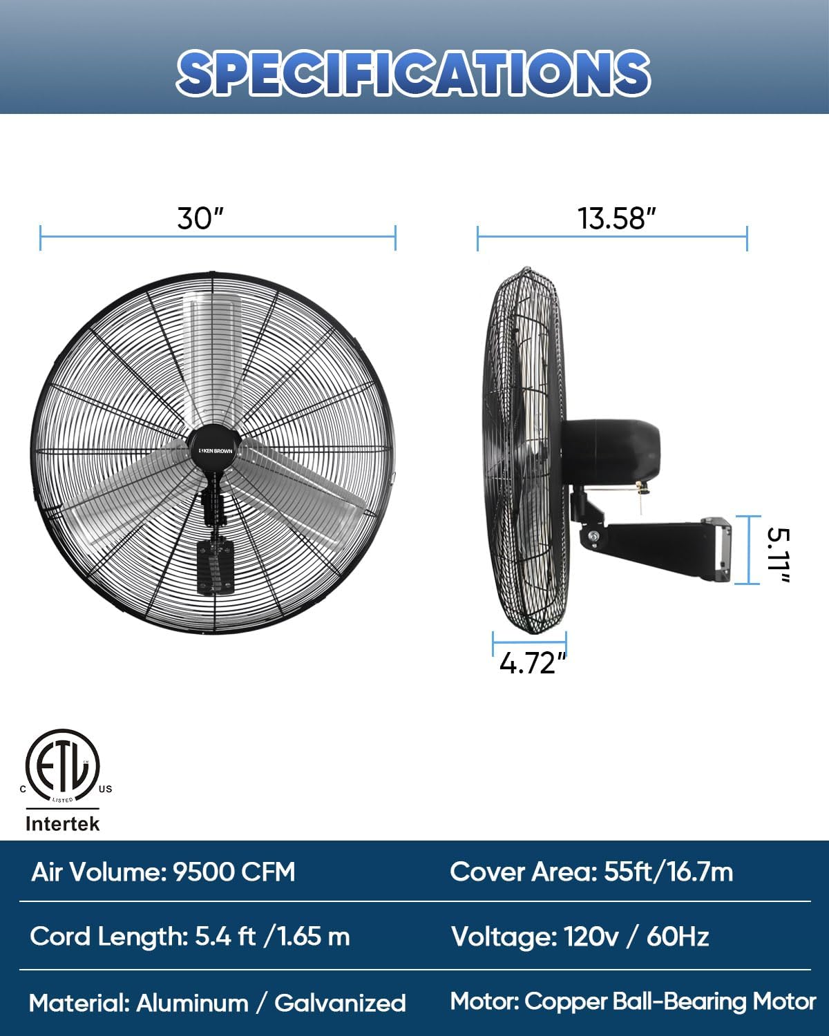 KEN BROWN 30 Inch Industrial Oscillating Wall Mount Fan - 7497 CFM High Velocity, Heavy Duty Metal Construction, 2 Speed Settings, Black