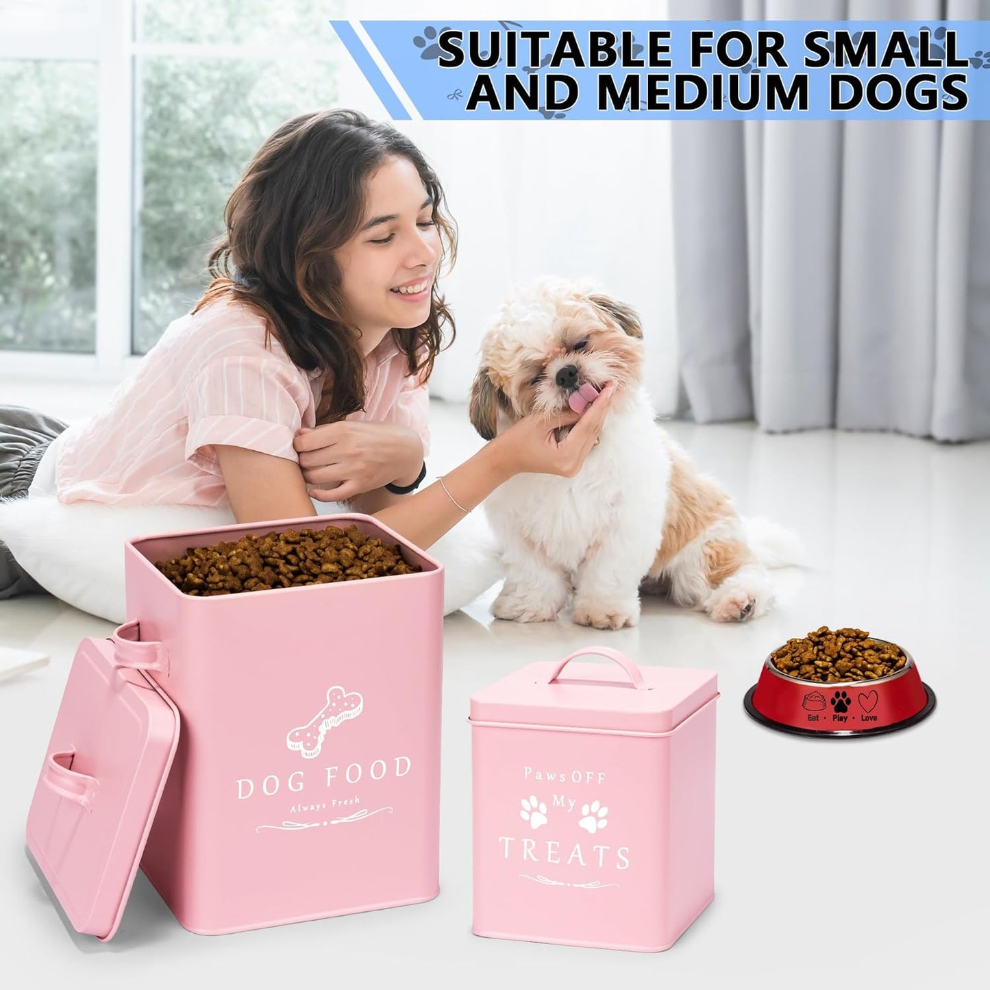 Meraki Home Small Dog Food Container and Dog Treats Container - Tight Lids - Feed Scoop and Pet Food Bowl - Farmhouse Metal Storage Bin - Matte Pink