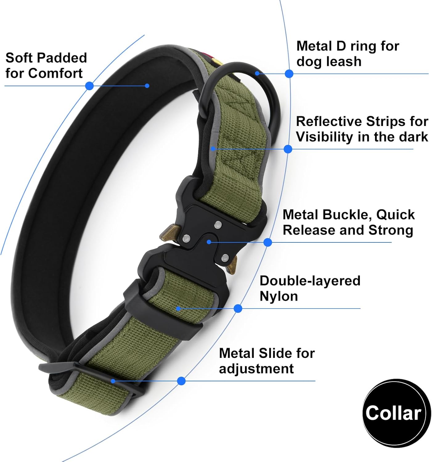 Plutus Pet Tactical Dog Collar, Reflective, Adjustable Heavy Duty Dog Collar, Soft Padded and Comfortable, for Small Medium and Large Dogs (Ranger Green, XS)
