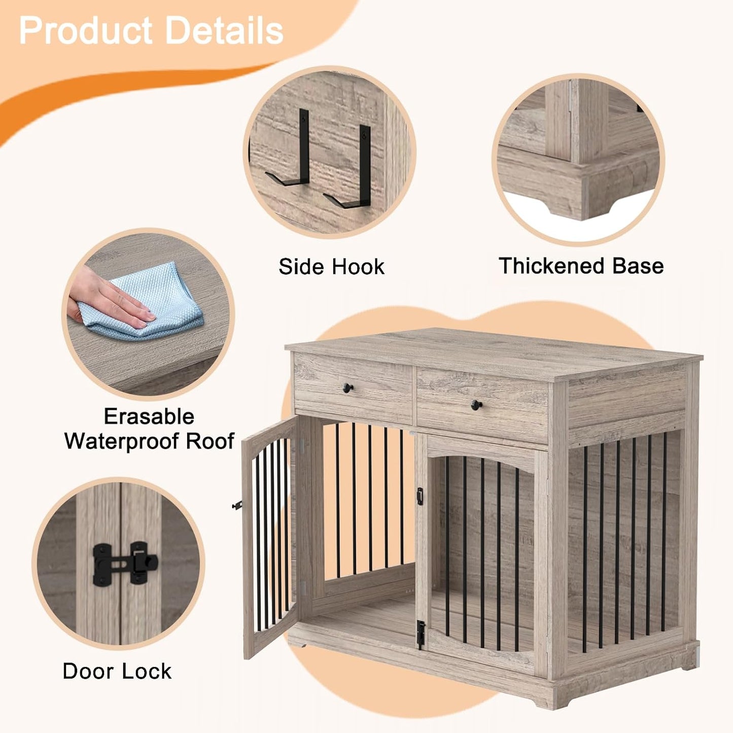 BREEZEHEAT 40 inch Dog Crate Furniture-Farmhouse Dog Kennel with Drawers-End Table Wooden Pet Crate, Double Door Design, Decorative Dog House Indoor for Small Medium Large Dog, Oak Grey