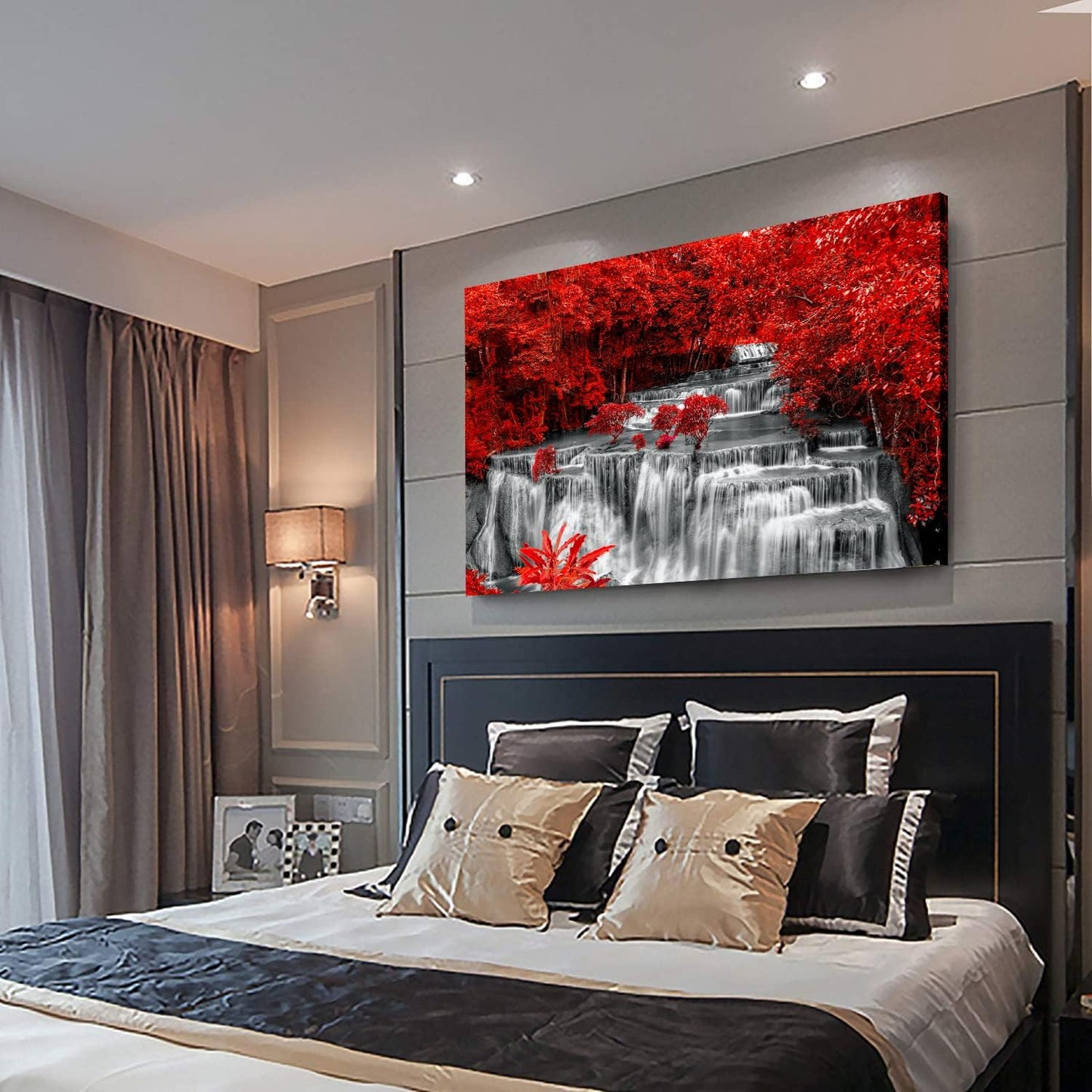 Yxbhhym Black White and Red Waterfall Canvas Wall Art- Red Tree Prints Landscape Posters Framed Picture - Nature Forest Scenery Paintings for Living Room Bedroom Home Office Wall Decor- Large