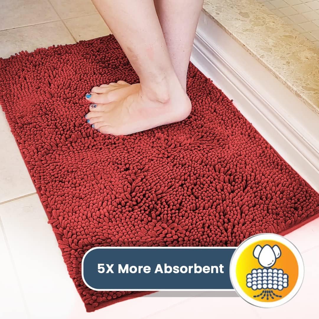 Muddy Mat® AS-SEEN-ON-TV Highly Absorbent Microfiber Door Mat and Pet Rug, Non Slip Thick Washable Area and Bath Mat Soft Chenille for Kitchen Bathroom Bedroom Indoor and Outdoor - Red 24" x 120"