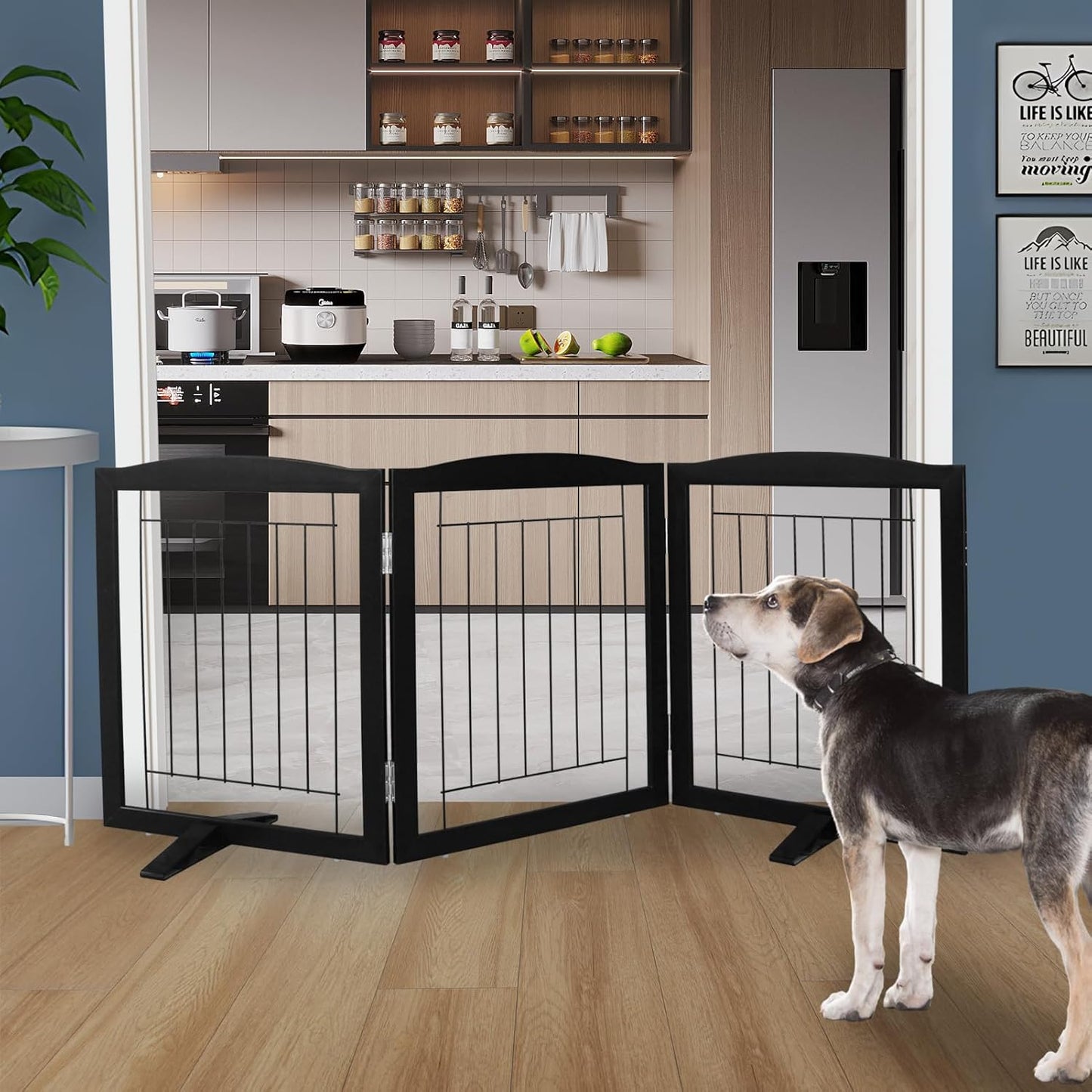 ZJSF Freestanding Dog Fence Indoor, Foldable Dog Gate for Doorways, Stairs or Hallways, Sturdy Wood Extra Wide Pet Gate with Support Feet for The House, Black, 24 "Height-3 Panels