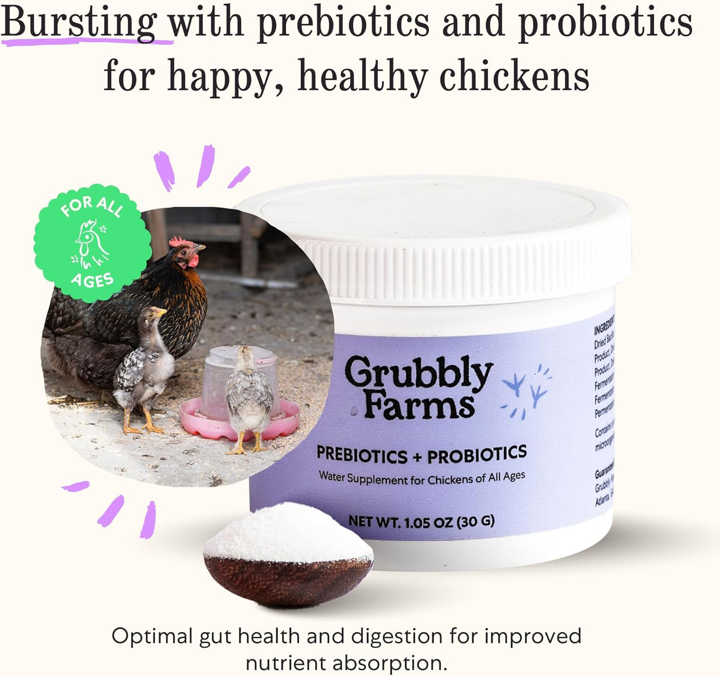 Grubbly Farms Prebiotics + Probiotics for Chickens (30 Day)