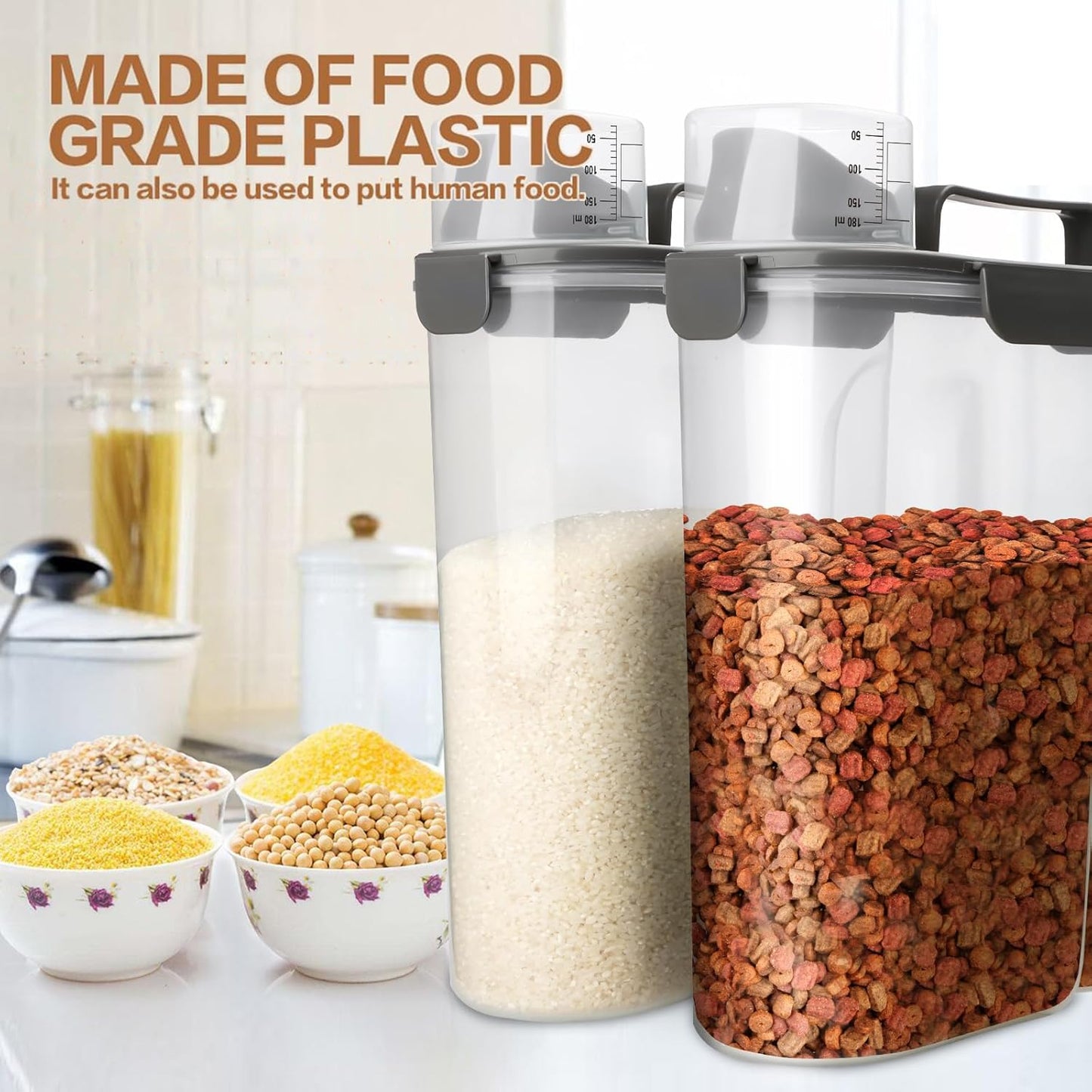 Dog Food Storage Container, 5-7 Lbs Airtight Pet Food Container, Cat Food Container Dispenser with Portable Handle, Pouring Spout and 4 Seal Buckles for Dogs Cats 2 Pack Grey