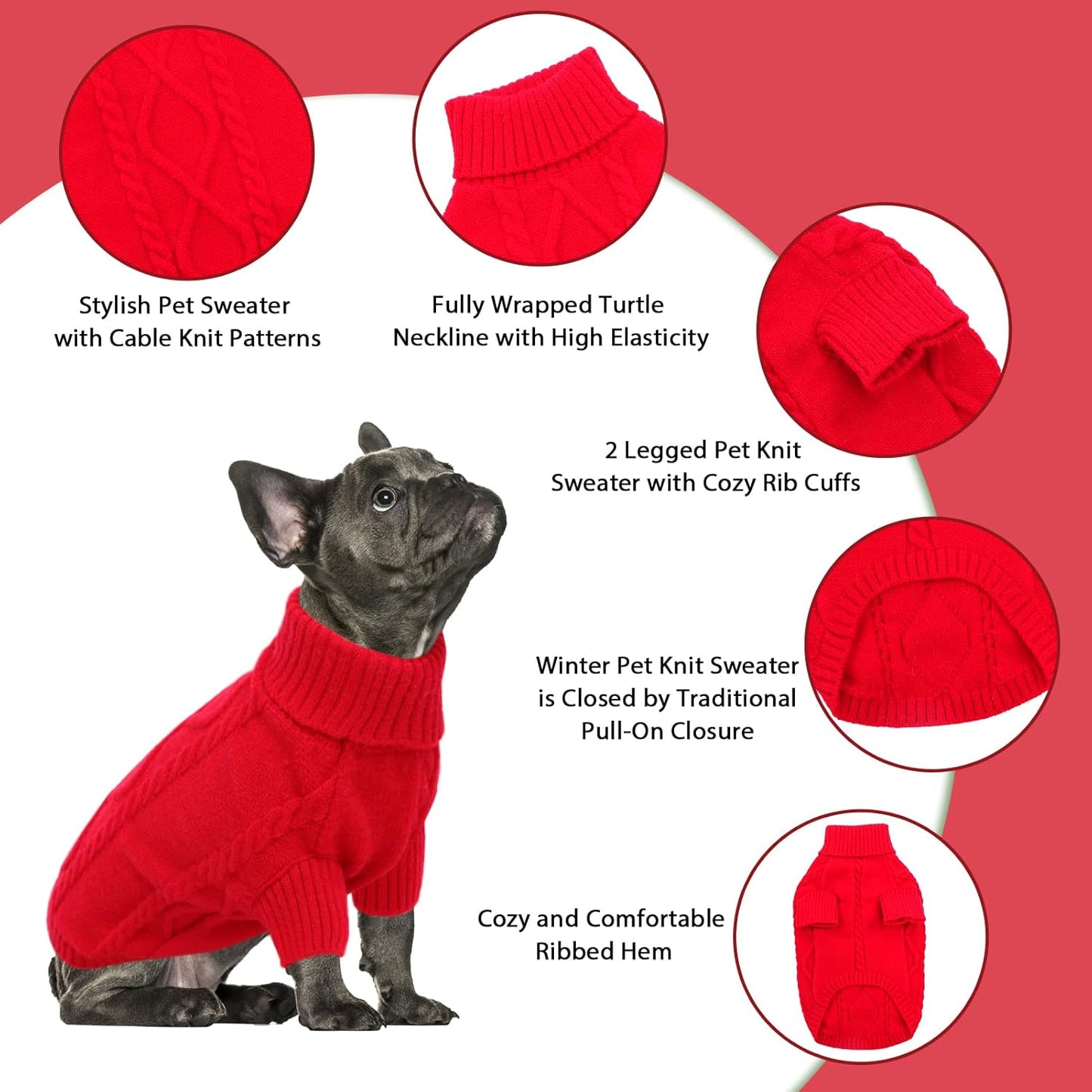 Queenmore Small Dog Pullover Sweater, Cold Weather Cable Knitwear, Classic Turtleneck Thick Warm Clothes for Chihuahua, Bulldog, Dachshund, Pug (Red, X-Large)