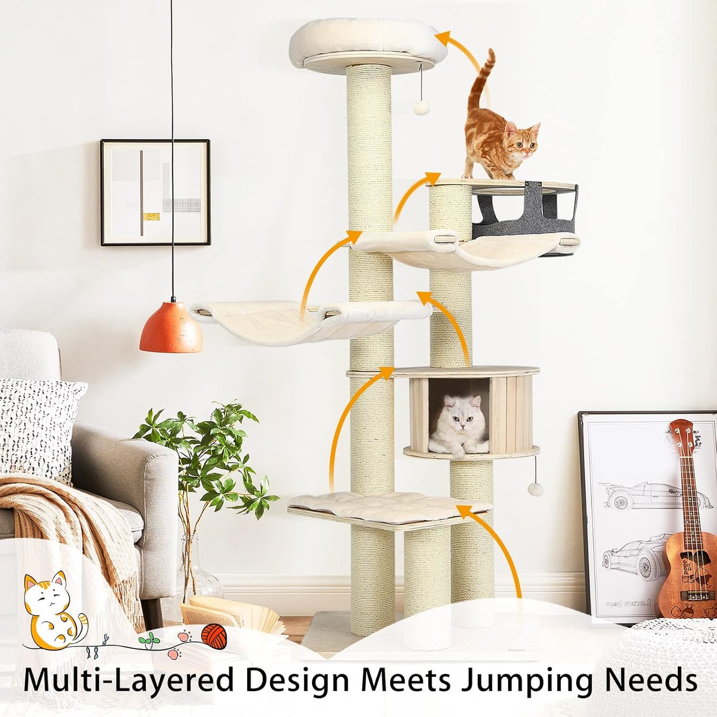 Tangkula Large Cat Tree, Multi-Level Tall Cat Tower with Sisal Scratching Posts, Hammocks, Hanging Basket, Cat Condo and Removable Washable Cushions, Modern Wood Cat Tree for Indoor Cats Large Adult